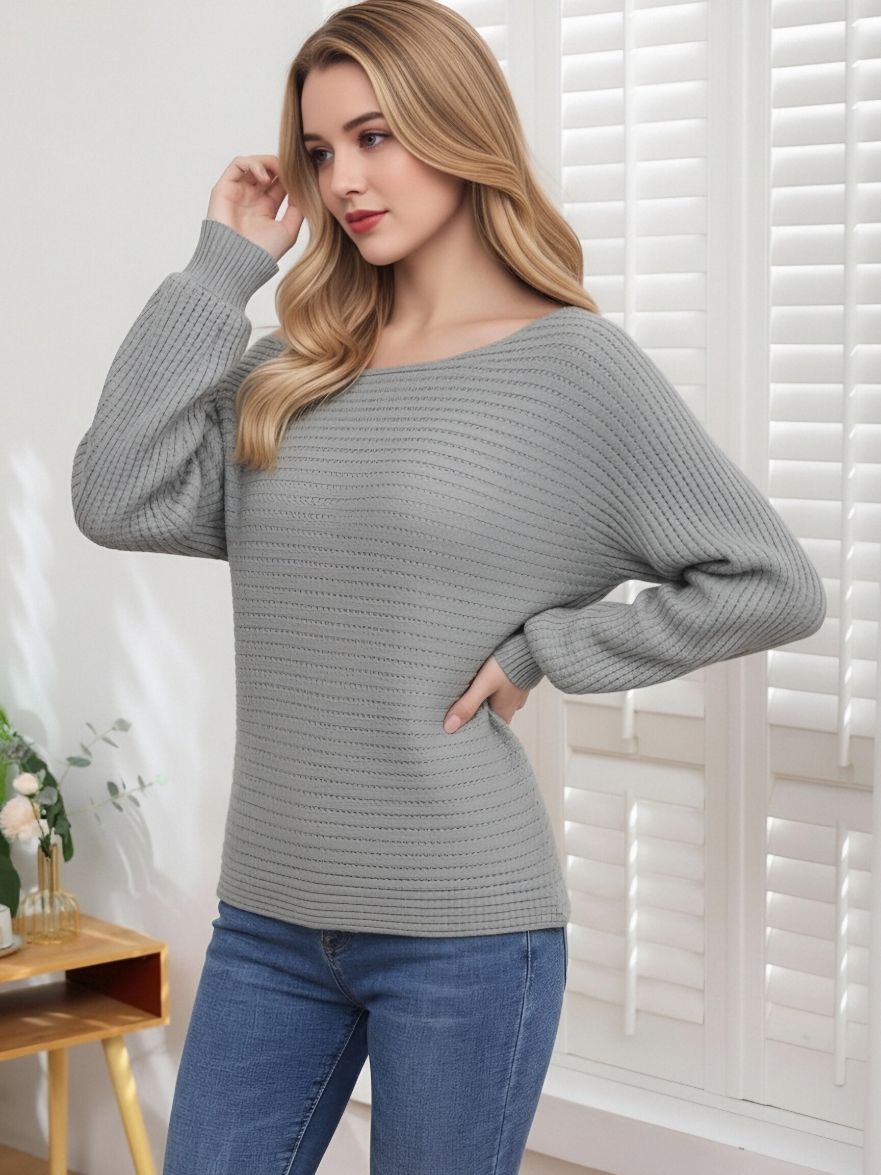 Women Gray Off Shoulder Batwing Sleeve Knit Sweater, Loose Horizontal Hollow Ribbed Knit Top, Boat Neck Solid Color Casual Drop Shoulder Knit Pullover for Autumn Daily Wear view 3