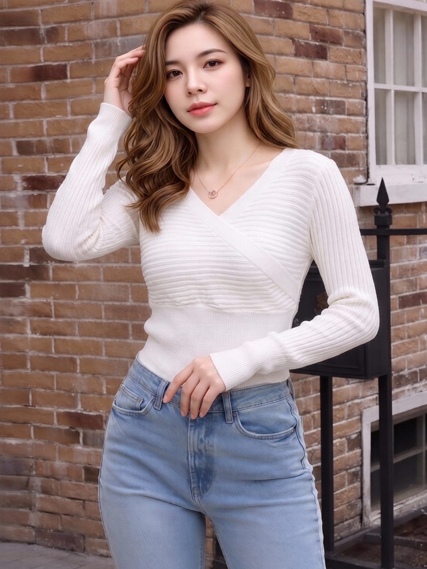 Women Double V Cross Wrap Knit Top, Front & Back Deep V Ribbed Long Sleeve Sweater, Slim Fitted Waist Crop Knit Blouse, Elegant Basic Layering Shirt