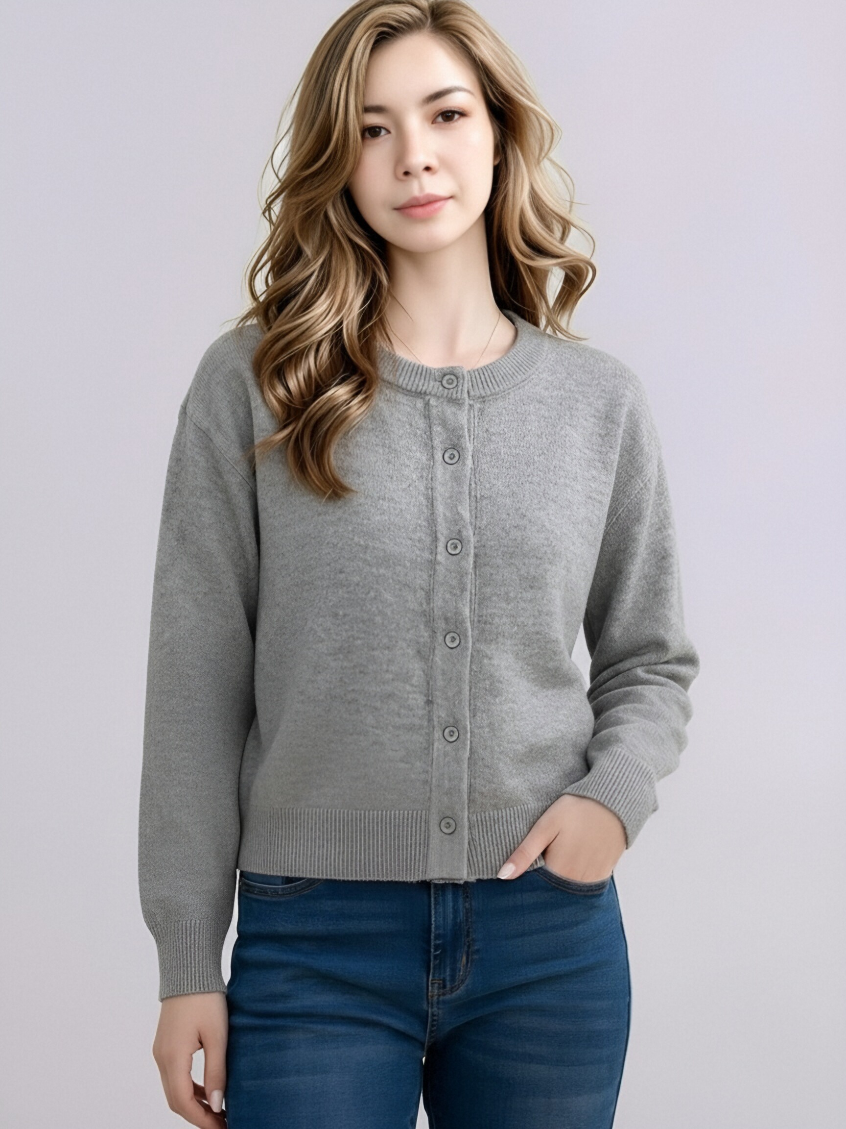 819 Women Crew Neck Button Knit Cardigan, Long Sleeve Solid Color Cropped Knit Sweater Coat, Casual Loose Soft Knit Outerwear For Spring Fall Multiple Colors view 5