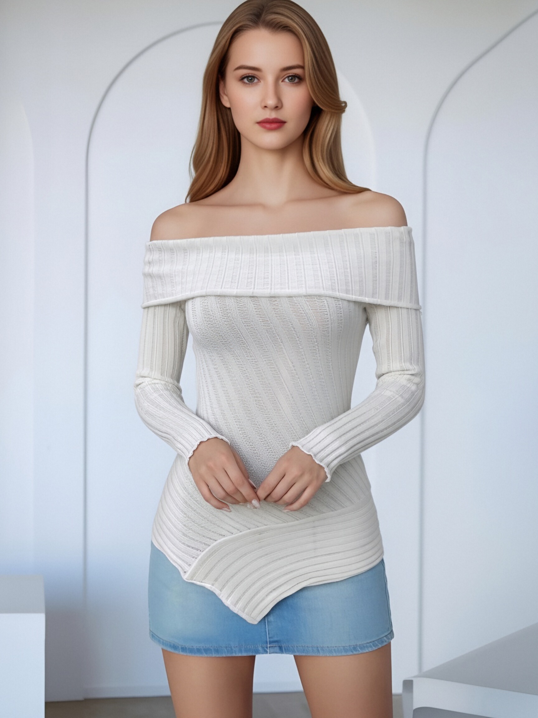 Women Off Shoulder Diagonal Ribbed Knit Top, Long Sleeve Sheer Slim Fit Asymmetric Irregular Hem Twist Knit Blouse, Elegant Slash Neck Bodycon White Knit Shirt view 4