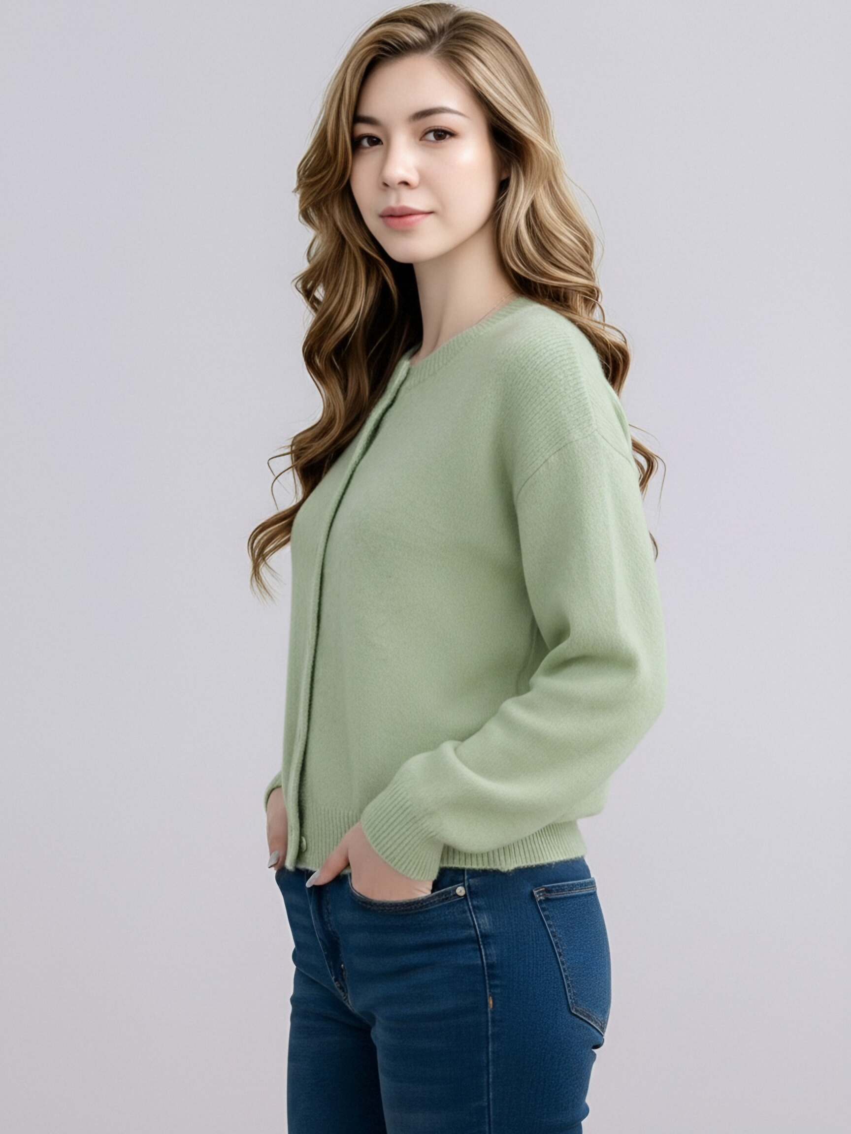 819 Women Crew Neck Button Knit Cardigan, Long Sleeve Solid Color Cropped Knit Sweater Coat, Casual Loose Soft Knit Outerwear For Spring Fall Multiple Colors view 4