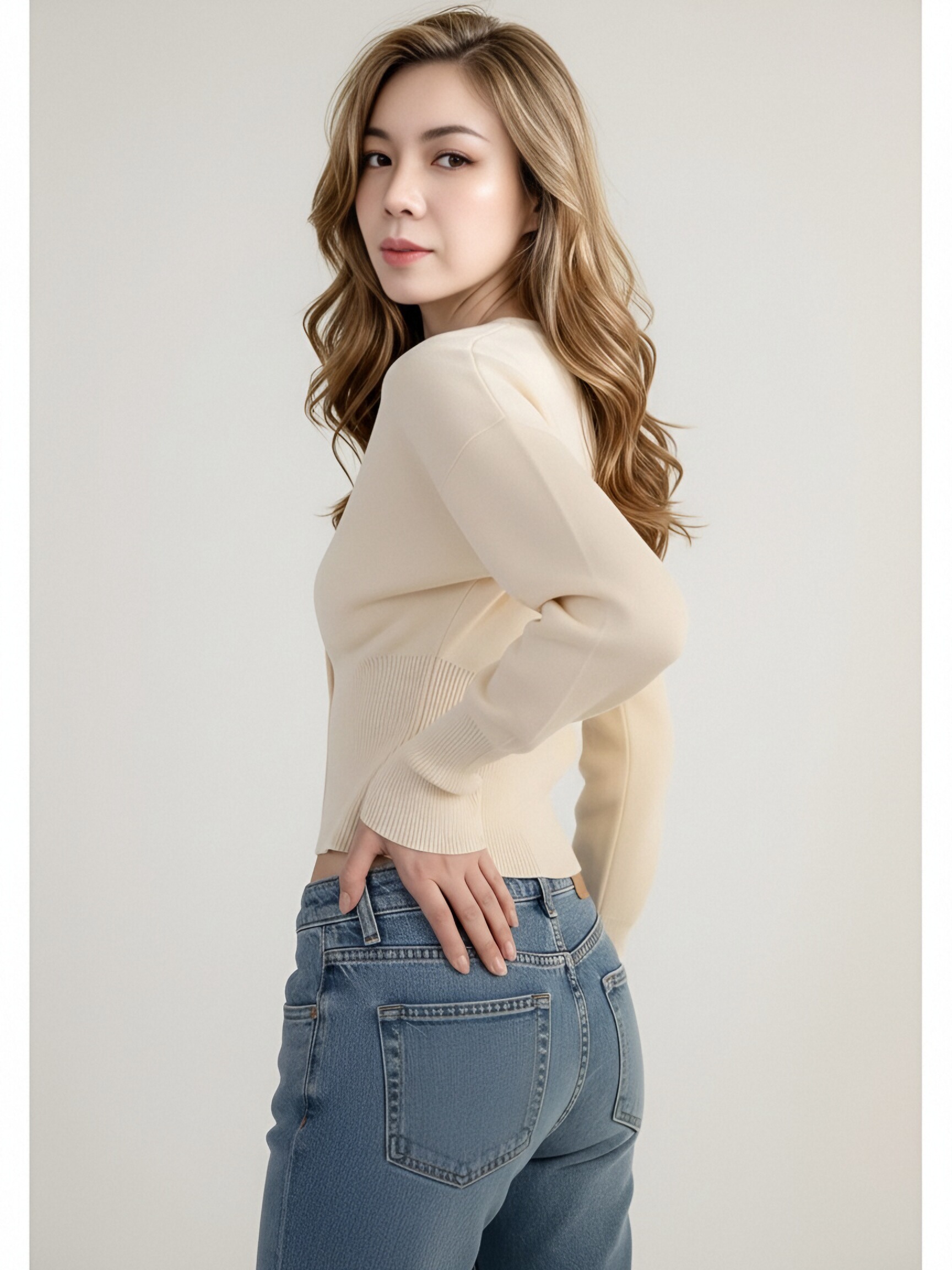 Women Cream Double Row Button Knit Cardigan, Round Neck Flare Long Sleeve Slim Waist Cropped Knit Top, Vintage Solid Color Fitted Knit Outerwear view 2