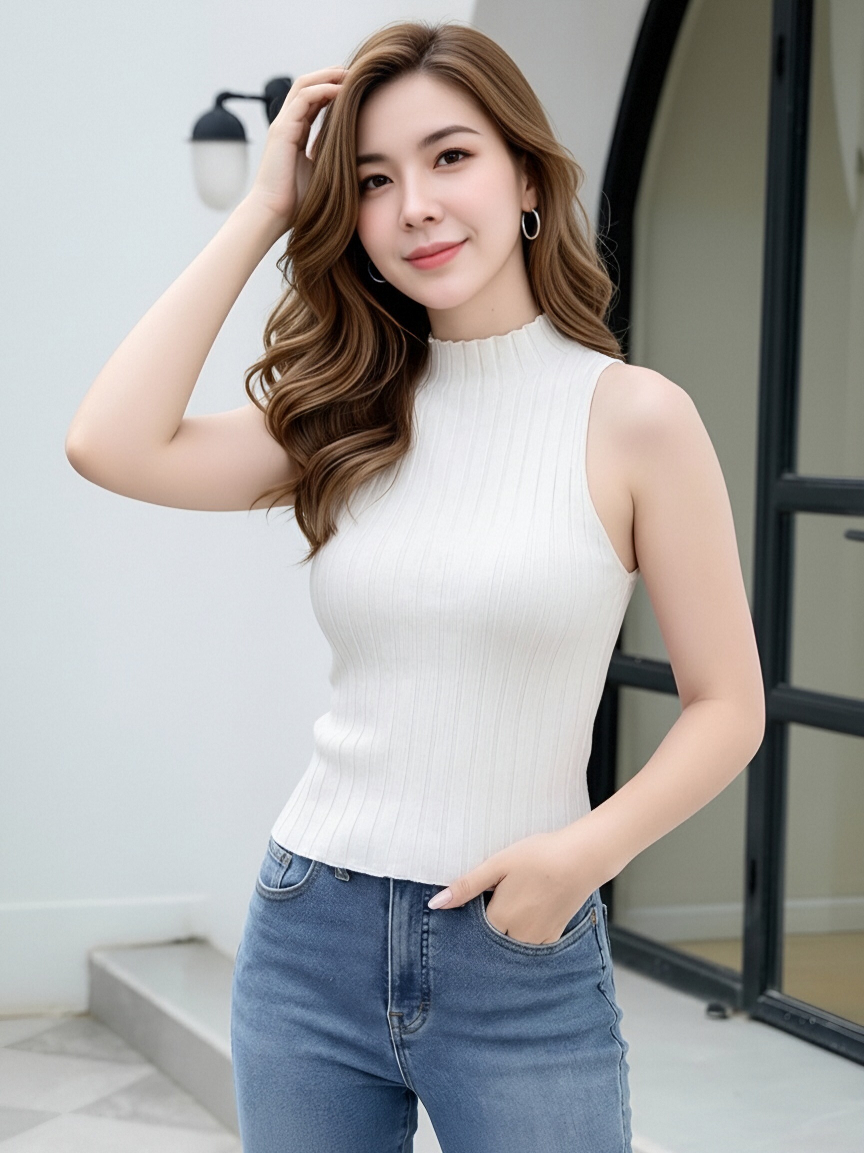 Women Wavy Trim Mock Neck Sleeveless Ribbed Knit Tank Top, Slim Fitted Solid Color Basic Layering Camisole, Spring Autumn All Match Inner Vest
