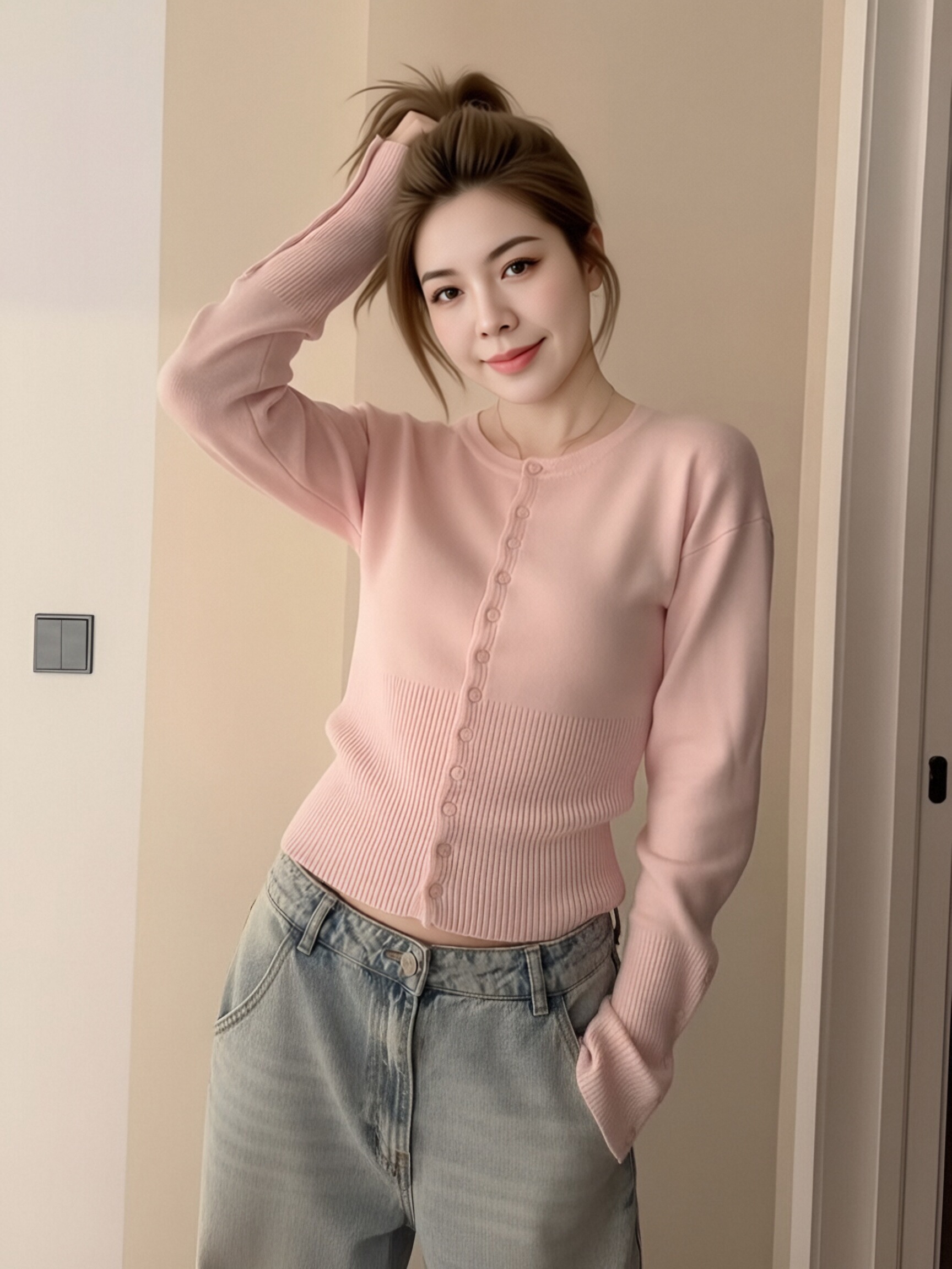 Women Cream Double Row Button Knit Cardigan, Round Neck Flare Long Sleeve Slim Waist Cropped Knit Top, Vintage Solid Color Fitted Knit Outerwear view 6