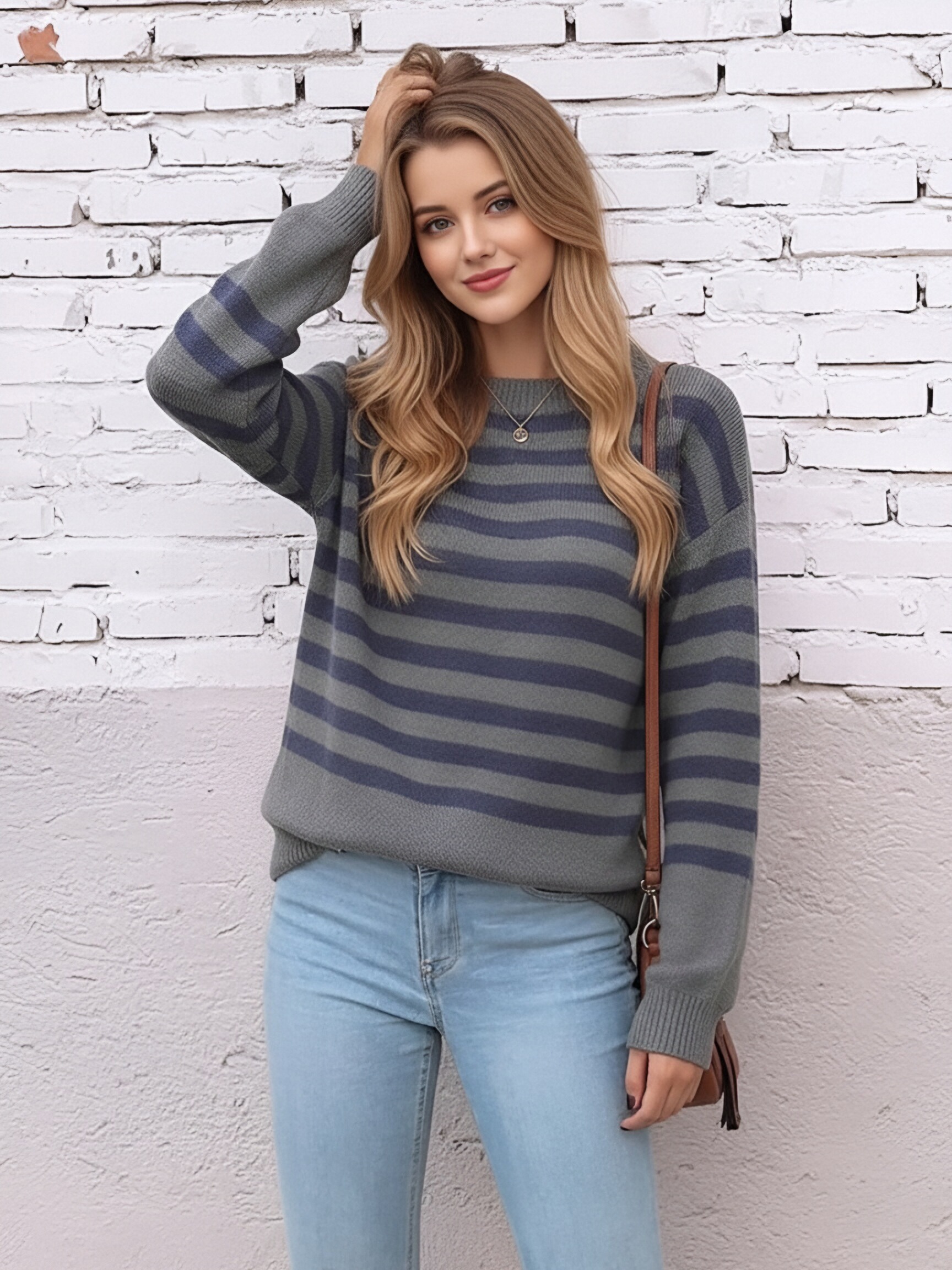Women Crew Neck Striped Knit Sweater, Loose Drop Shoulder Long Sleeve Color Block Stripe Pullover Jumper, Casual Oversized Soft Knit Top for Autumn Winter view 7