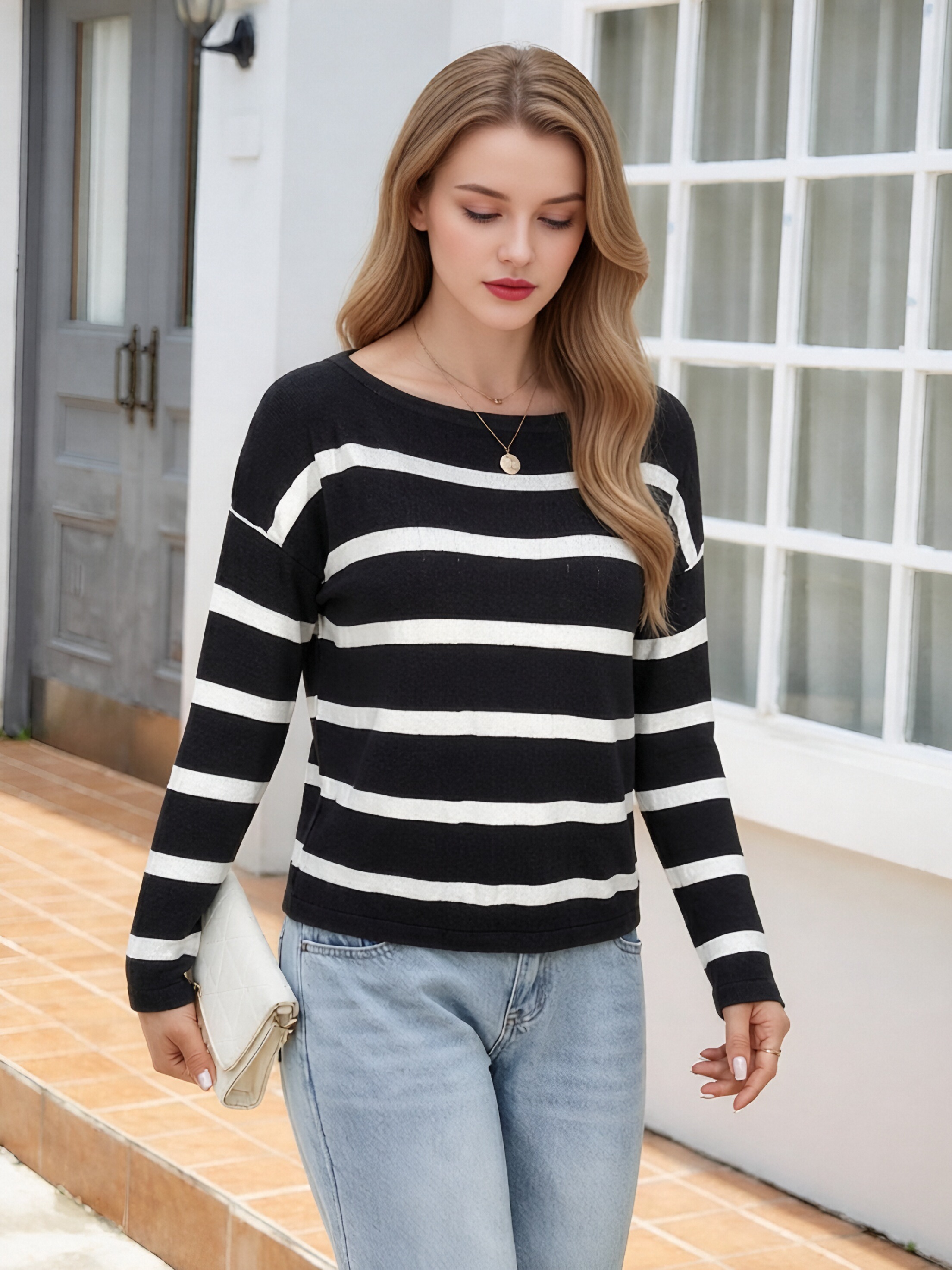 Women Boat Neck Black White Striped Knit Top, Loose Drop Shoulder Long Sleeve Casual Lightweight Sweater Pullover view 5