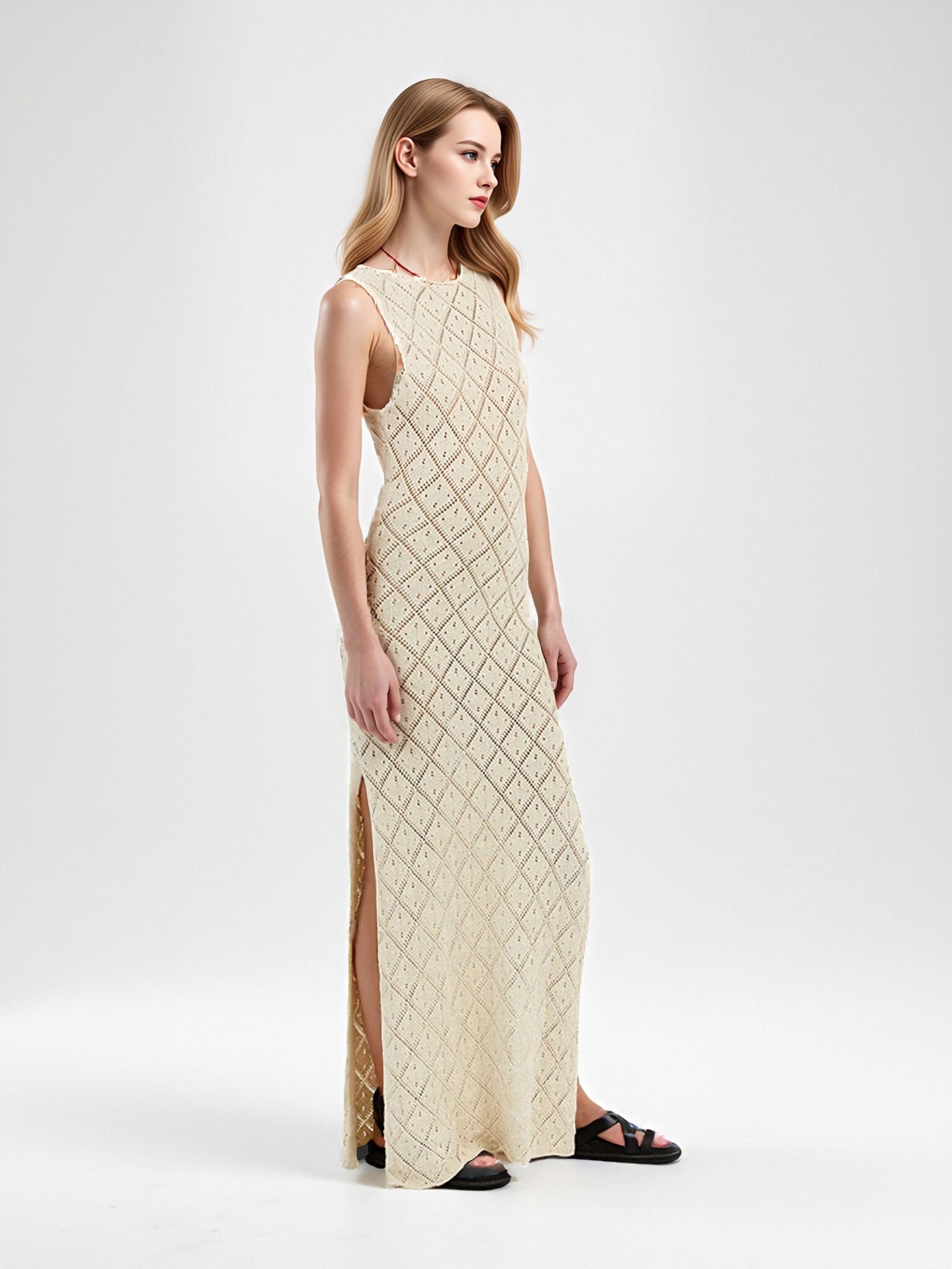 Women Sleeveless Hollow Diamond Knit Maxi Dress, Crew Neck Side Slit Bodycon Long Dress, Summer Beach Cover‑Up Crochet Tank Dress view 2