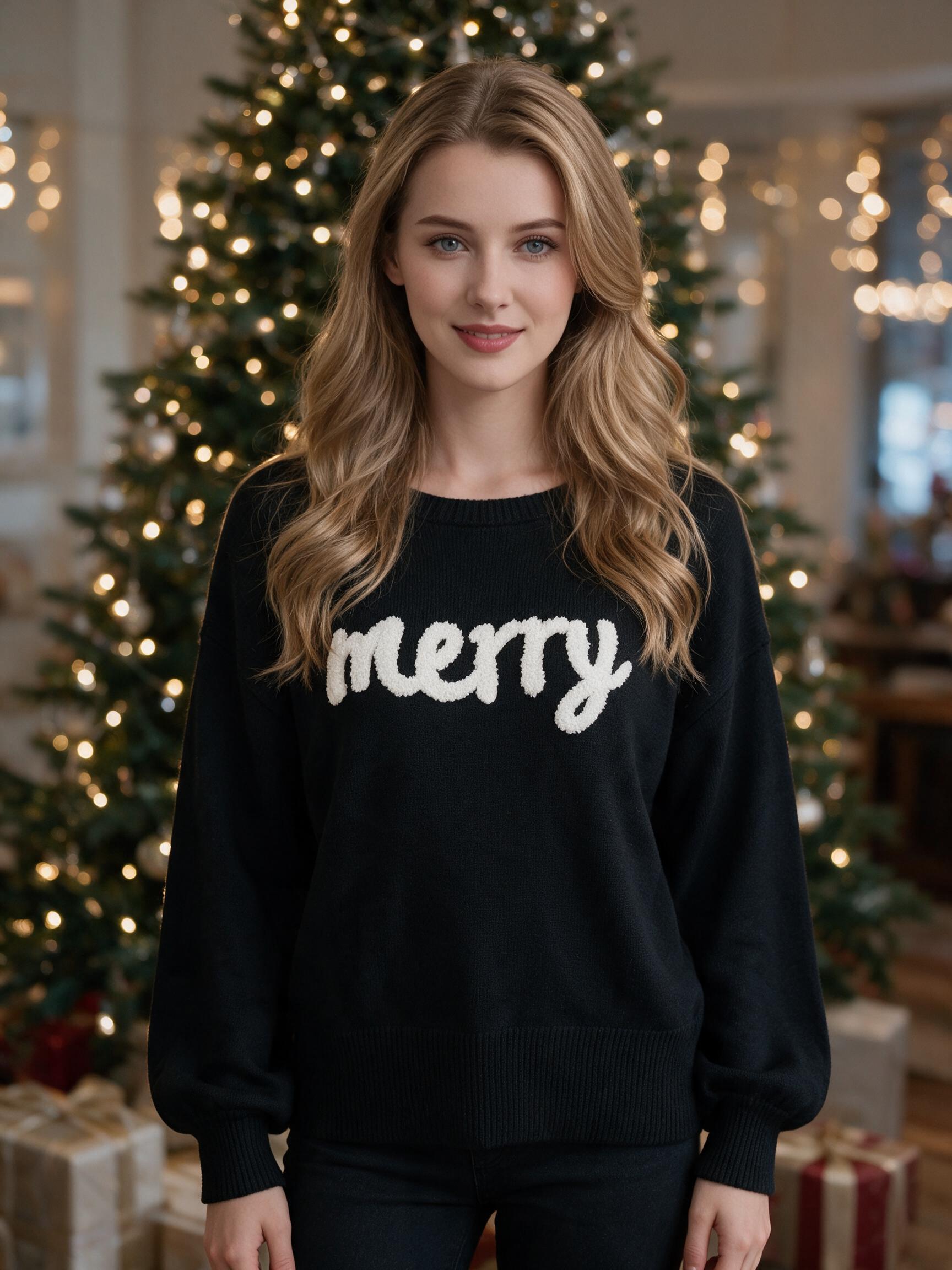 943 Women Merry Letter Chenille Patch Christmas Sweater, Crew Neck Long Sleeve Drop Shoulder Loose Knit Pullover, Fall Winter Holiday Casual Knit Top view 7