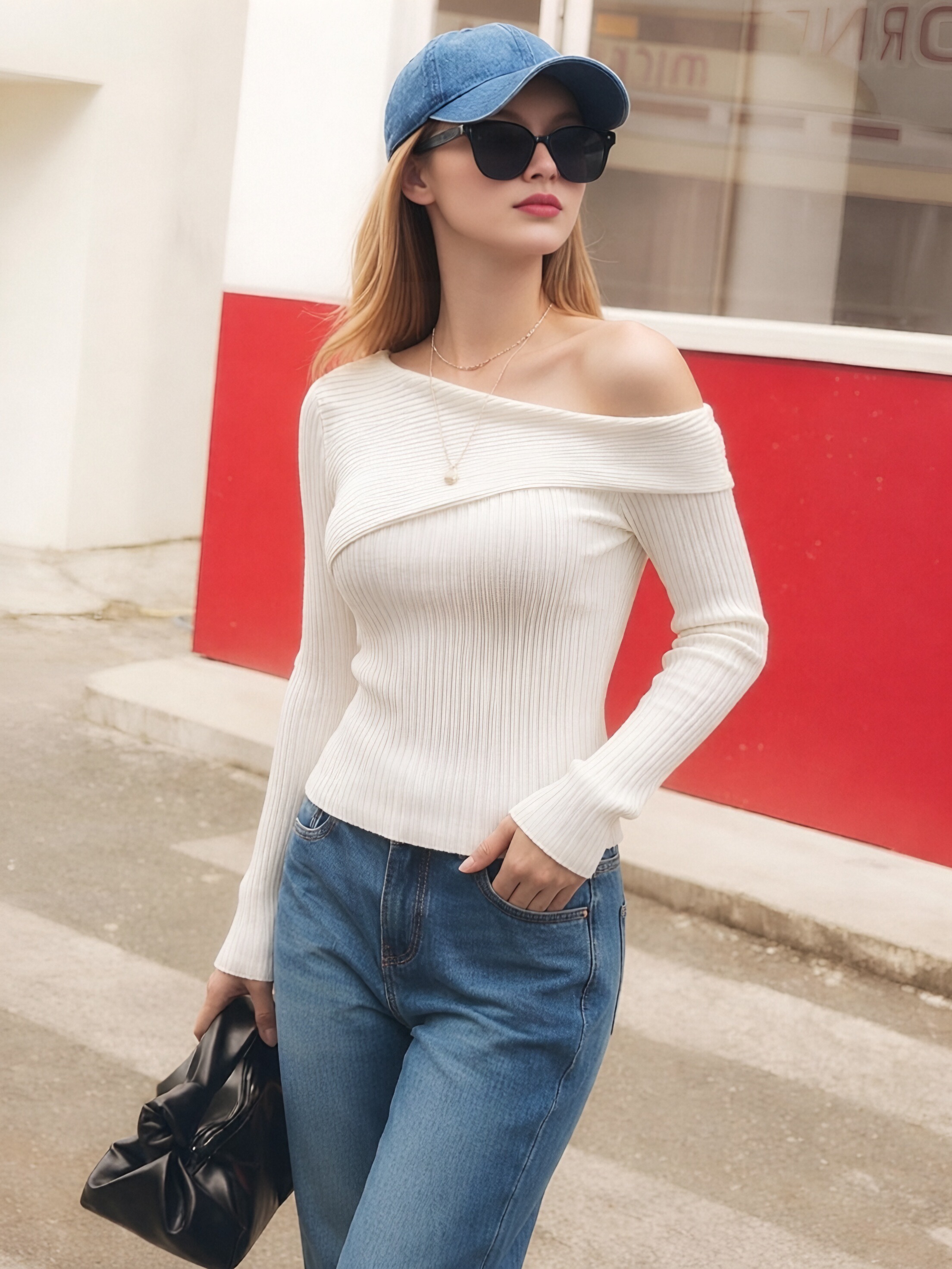 Women Cross Wrap Asymmetrical Off Shoulder Ribbed Knit Top, Slim Fit Diagonal Slash Neck Long Sleeve White Bodycon Knit Blouse, Elegant One Shoulder Wrap Knit Shirt view 4