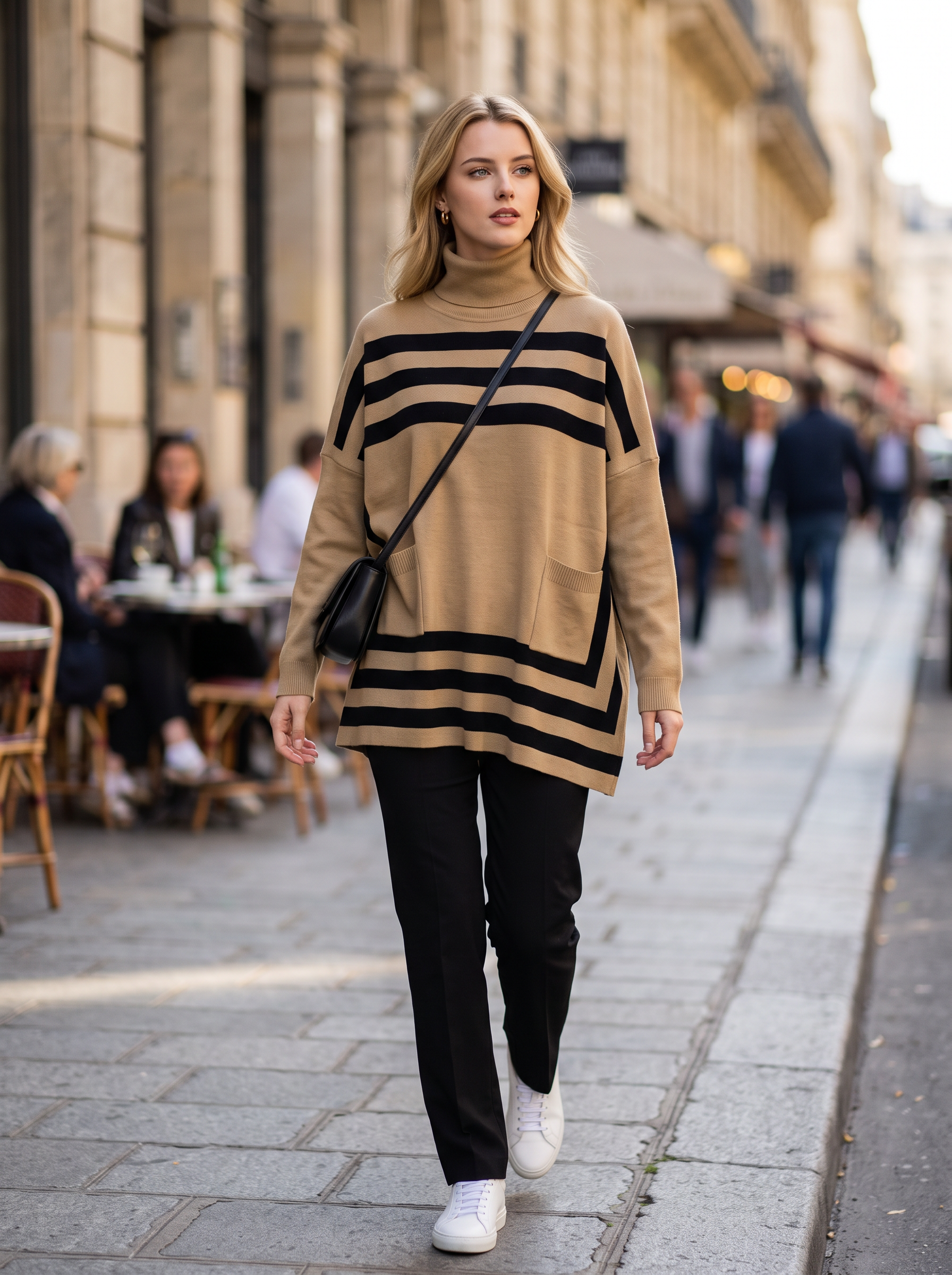 508 Women Turtleneck Striped Oversized Knit Sweater, Long Sleeve Loose Tunic Sweater Top With Pockets, Casual Side Slit Pullover