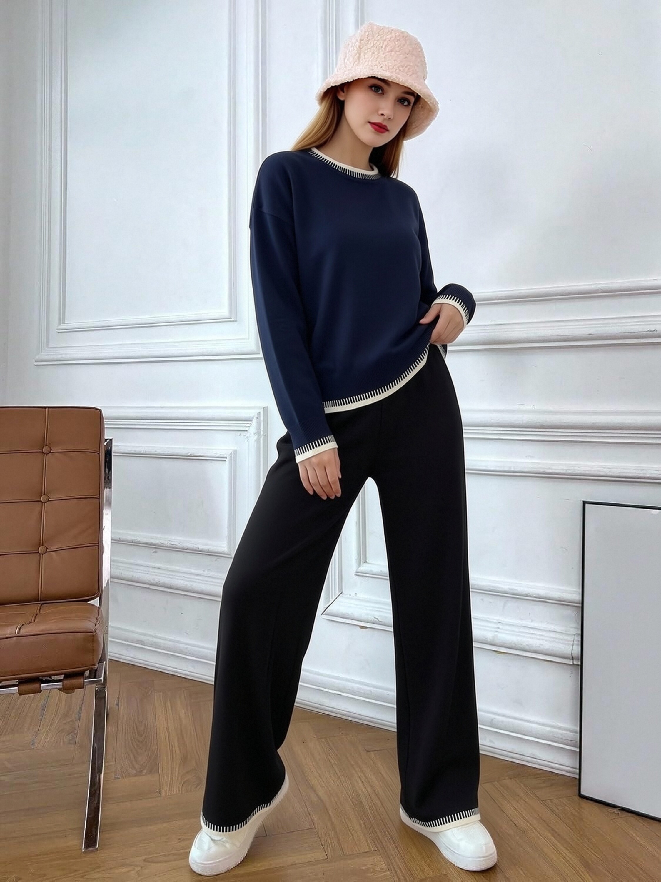 Women Contrast Stitch Knit Two Piece Outfit, Loose Crew Neck Long Sleeve Sweater & Wide Leg Pants Loungewear Set, Casual Soft Knitted Tracksuit