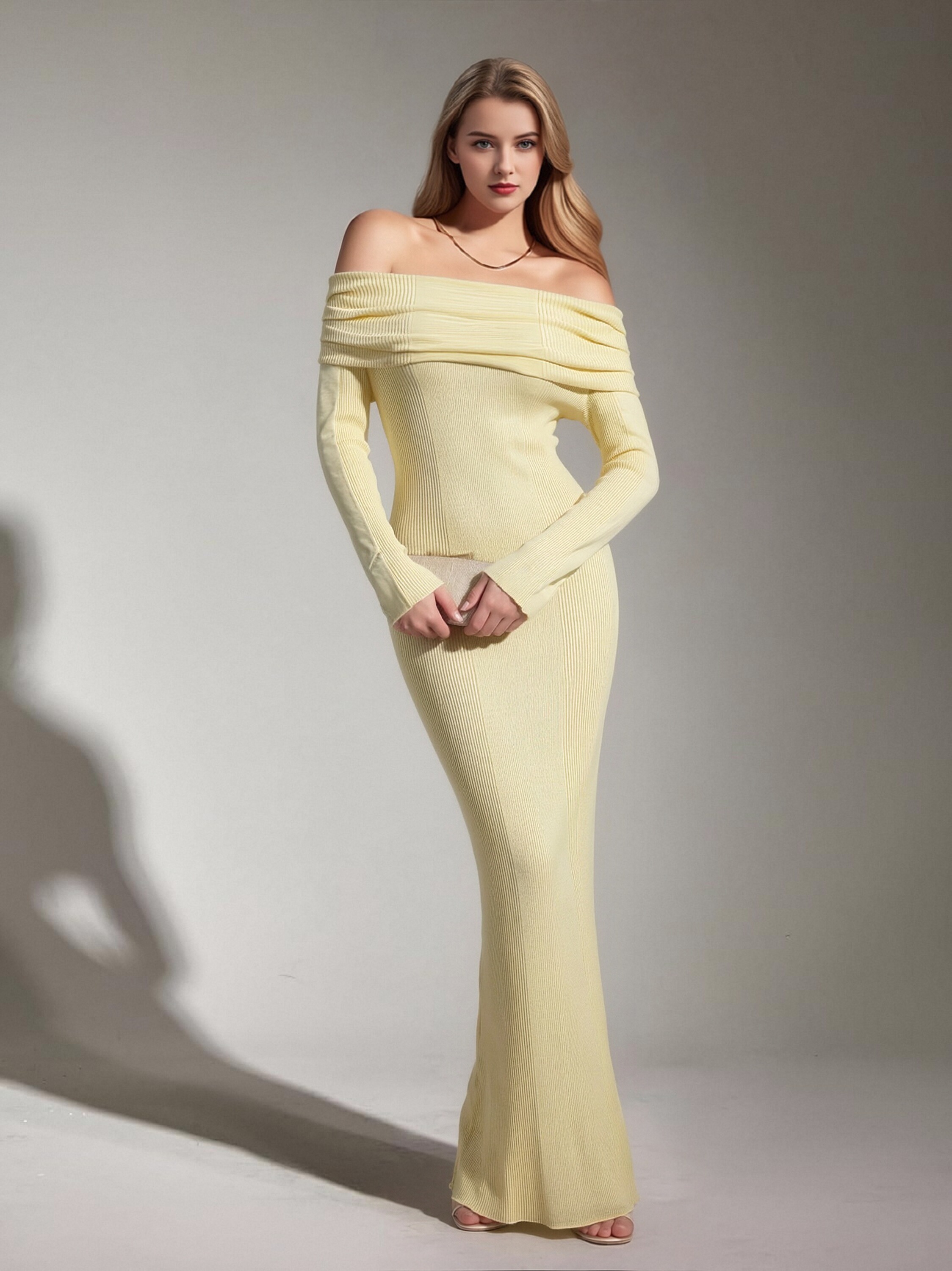 Off Shoulder Fold Over Ribbed Knit Maxi Dress Long Sleeve Bodycon Mermaid Evening Party Gown view 5