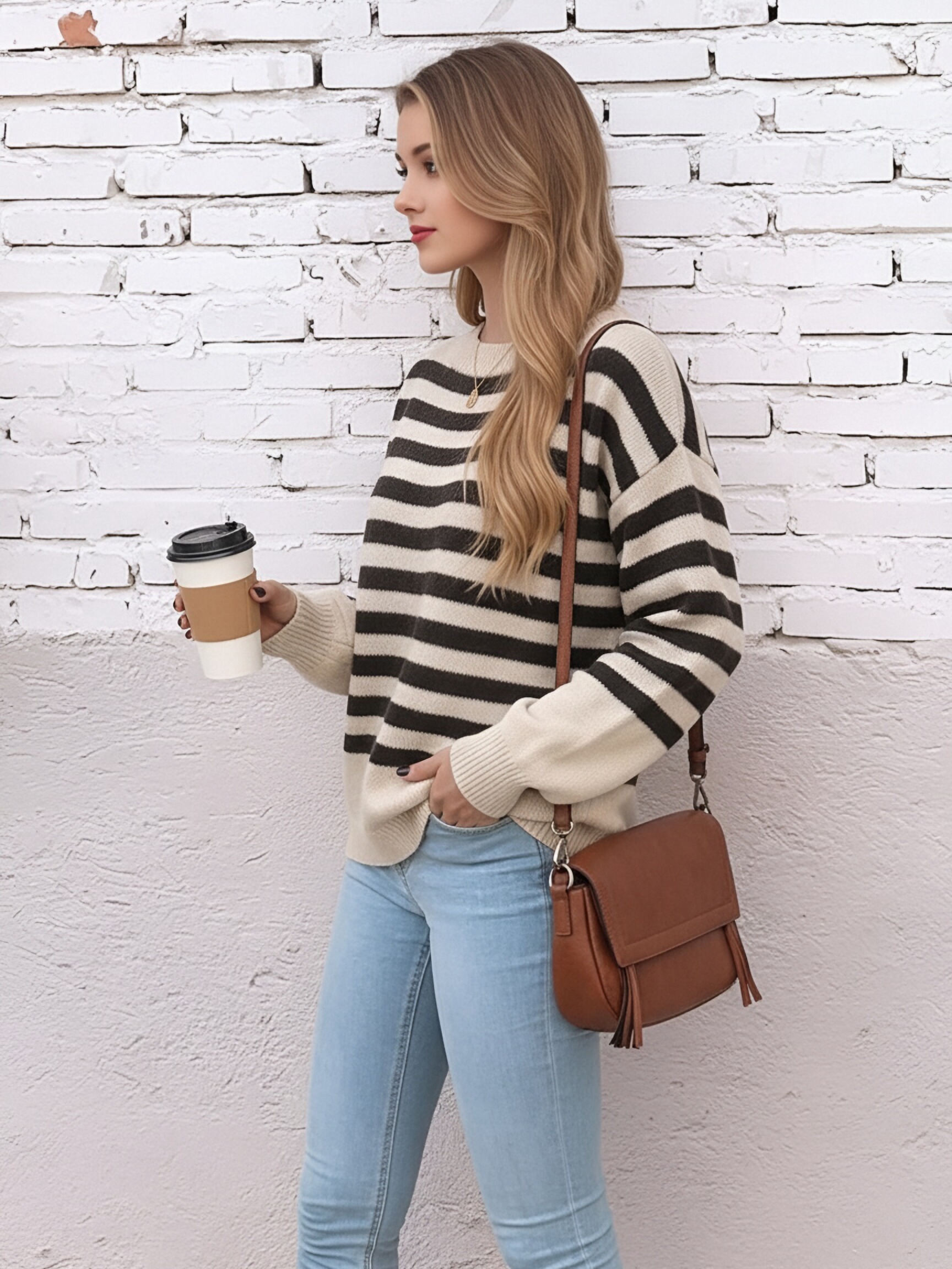 Women Crew Neck Striped Knit Sweater, Loose Drop Shoulder Long Sleeve Color Block Stripe Pullover Jumper, Casual Oversized Soft Knit Top for Autumn Winter view 2