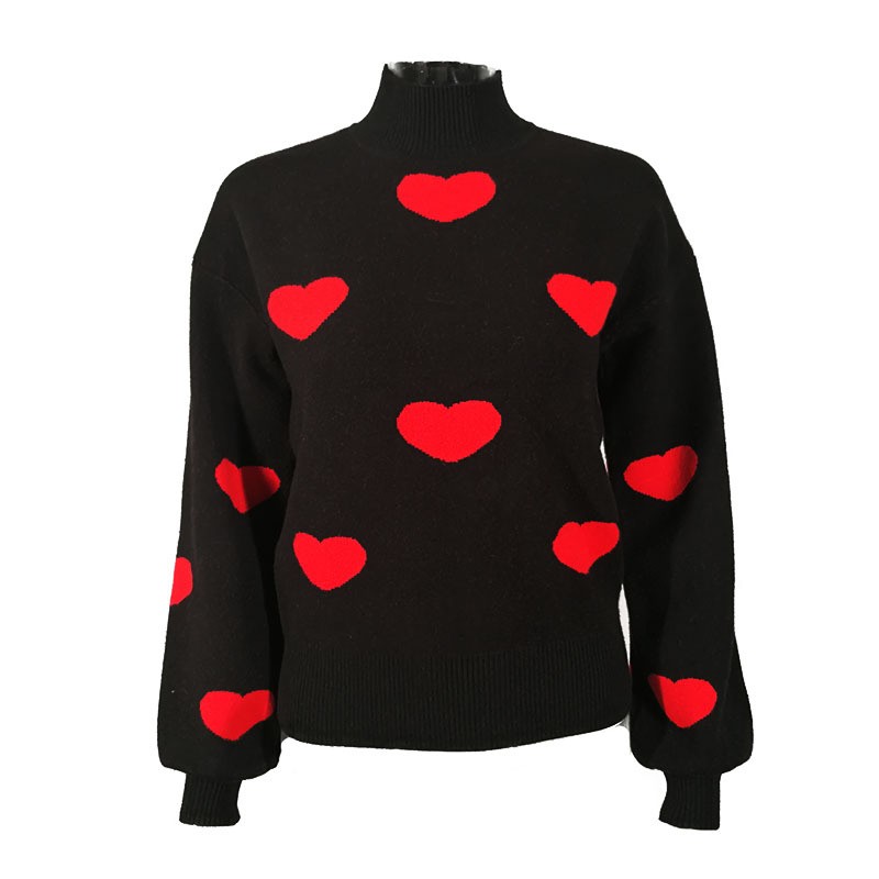 Women Turtleneck Black Knit Sweater, Cute Red Heart Pattern Loose Long Sleeve Pullover, Casual Soft Warm Valentine Daily Knit Top view 5