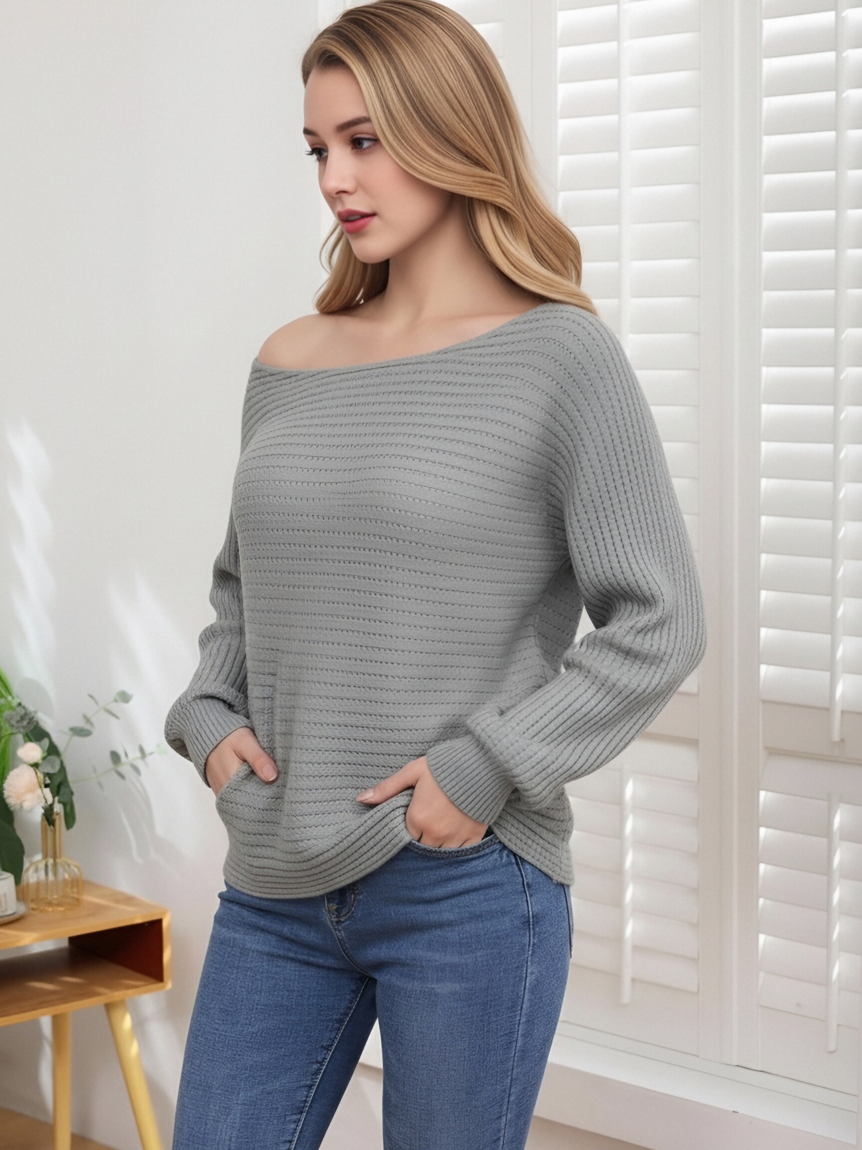 Women Gray Off Shoulder Batwing Sleeve Knit Sweater, Loose Horizontal Hollow Ribbed Knit Top, Boat Neck Solid Color Casual Drop Shoulder Knit Pullover for Autumn Daily Wear