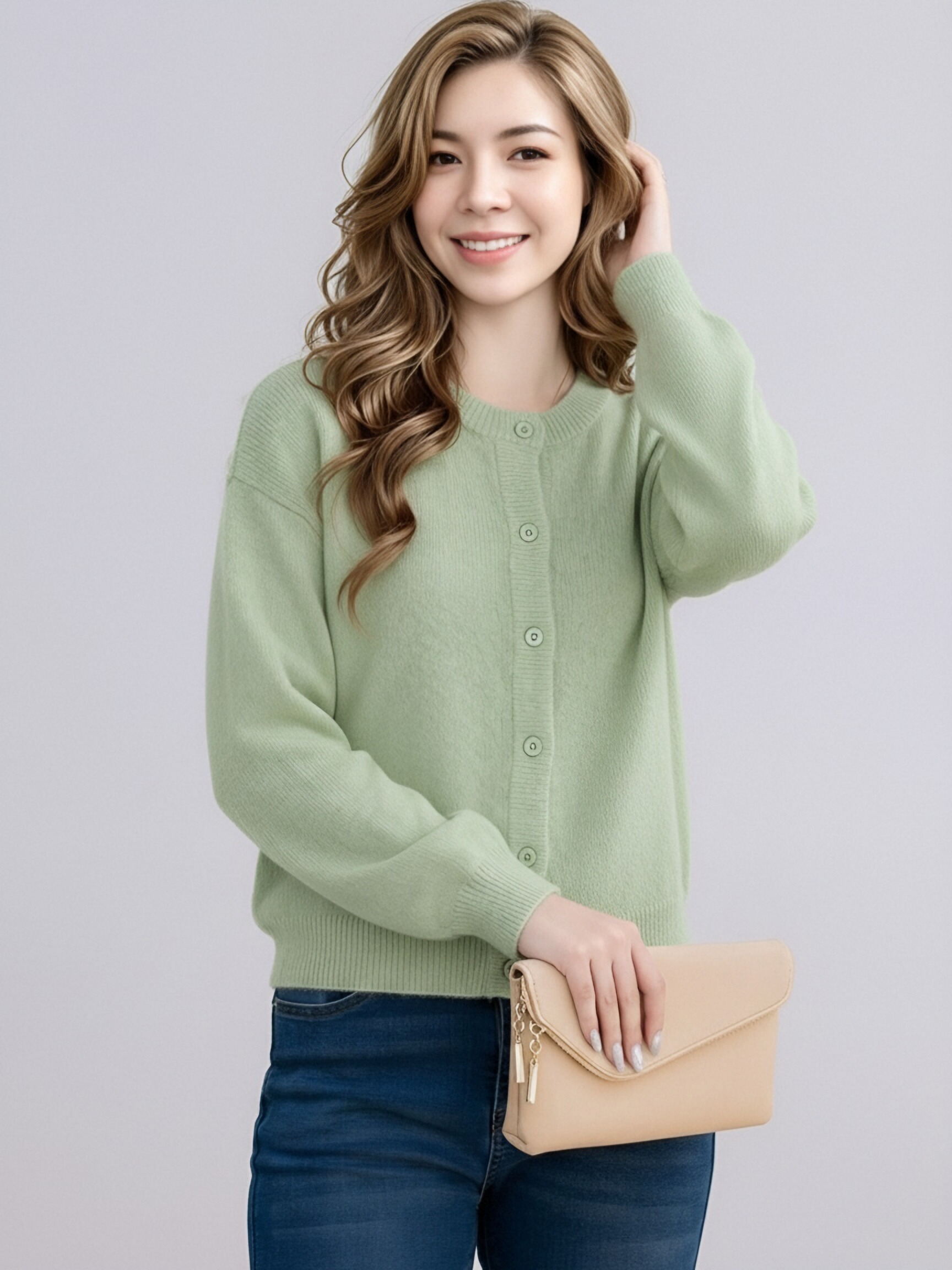 819 Women Crew Neck Button Knit Cardigan, Long Sleeve Solid Color Cropped Knit Sweater Coat, Casual Loose Soft Knit Outerwear For Spring Fall Multiple Colors view 3