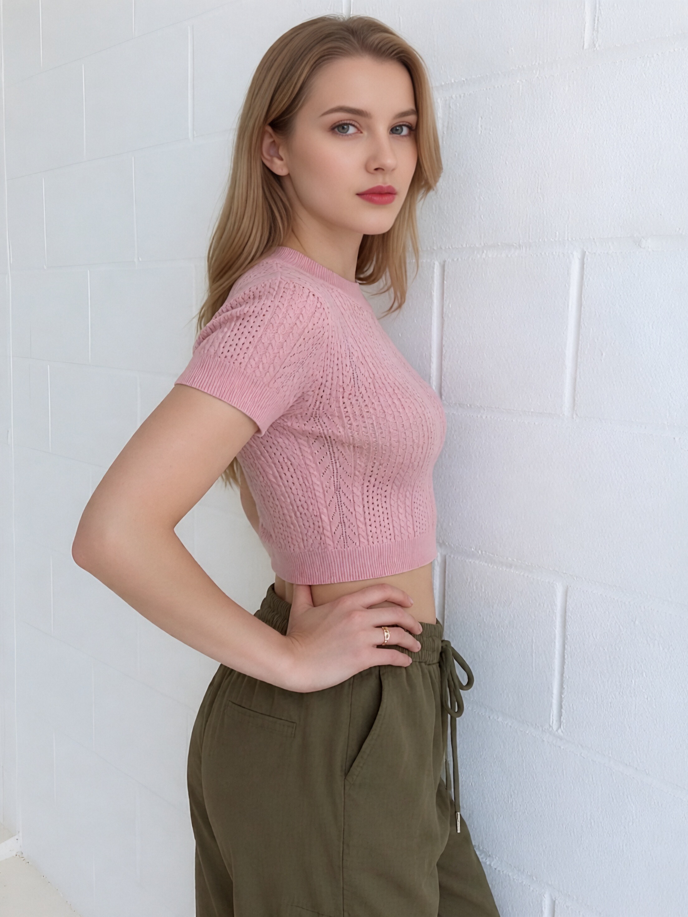 Women Pink Mock Neck Hollow Cable Knit Crop Top, Short Sleeve Slim Fit Textured Cropped Knit T-shirt, Breathable Hollow Out Knit Pullover Summer Y2K Casual Top view 4