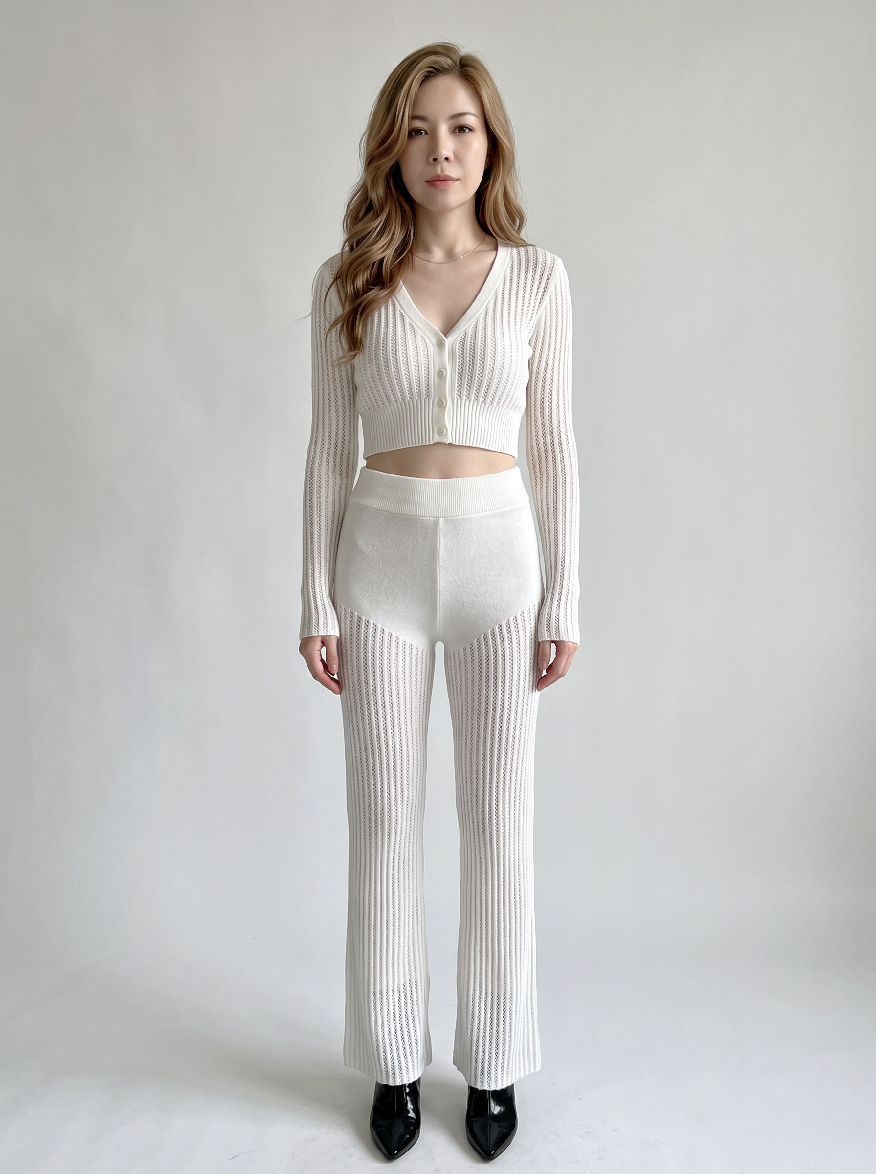 Women White Hollow Rib Knit 2 Piece Loungewear Set, V-Neck Button Long Sleeve Cropped Cardigan + High Waist Flared Knit Pants, Elegant Casual Matching Outfit view 2