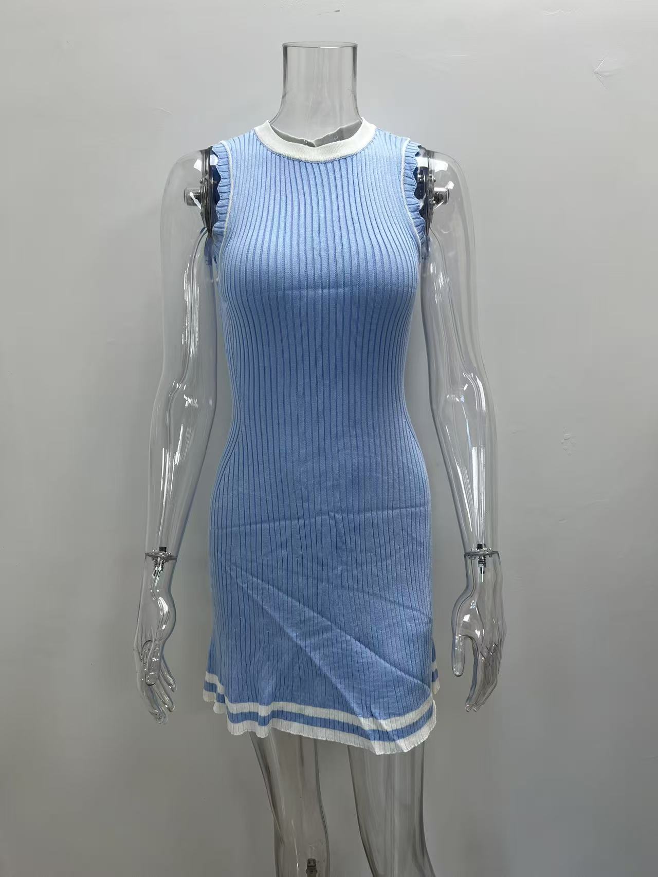 Women Sleeveless Ribbed Knit Bodycon Mini Dress, Color‑Block Trim Tie Neck Hollow Out Tank Short Dress, Y2K Casual Party Pencil Dress view 12