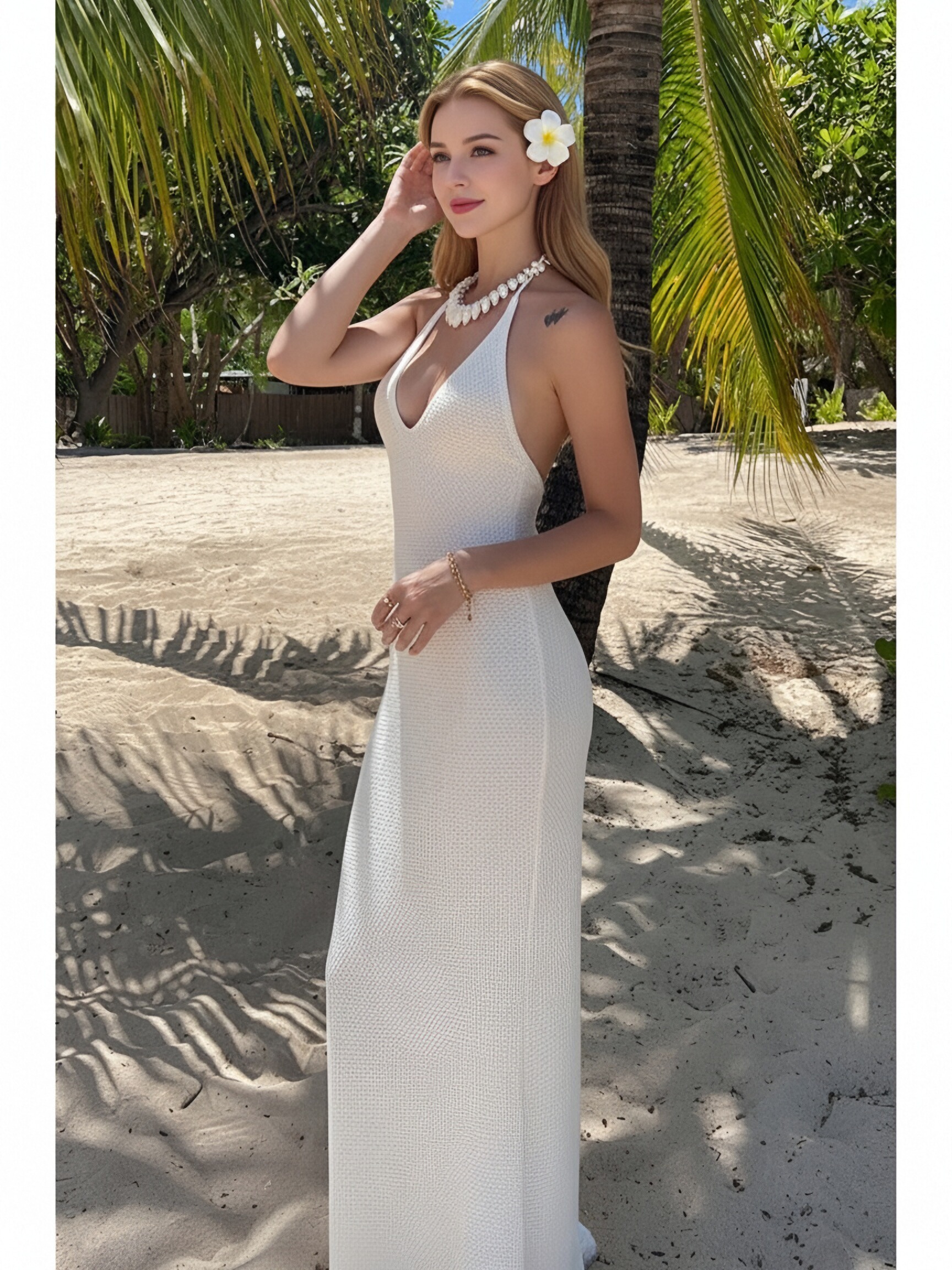 Women White Halter V‑Neck Maxi Dress, Backless Tie‑Up Bodycon Long Dress, Textured Knit Beach Vacation Party Evening Gown view 2