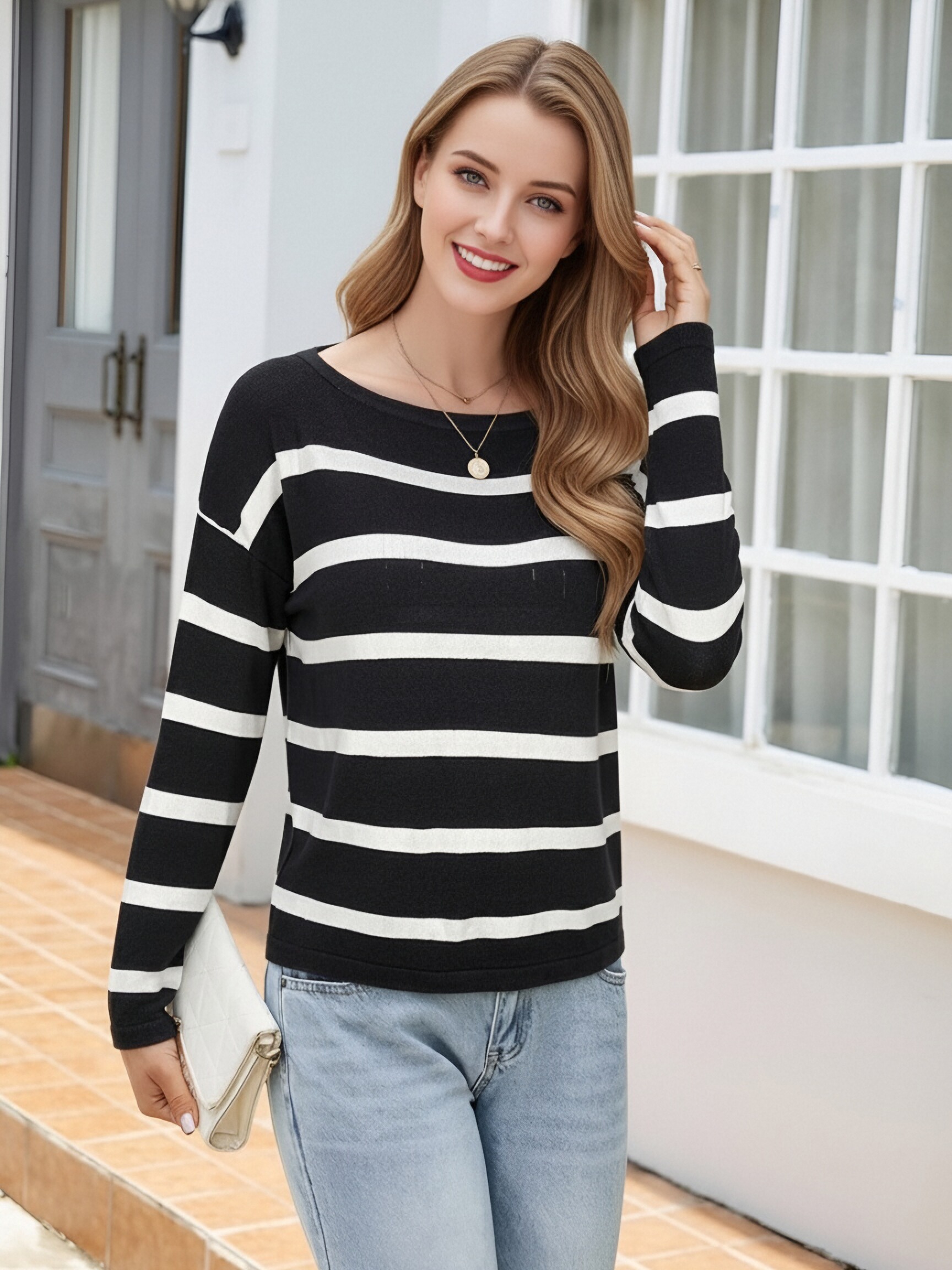 Women Boat Neck Black White Striped Knit Top, Loose Drop Shoulder Long Sleeve Casual Lightweight Sweater Pullover