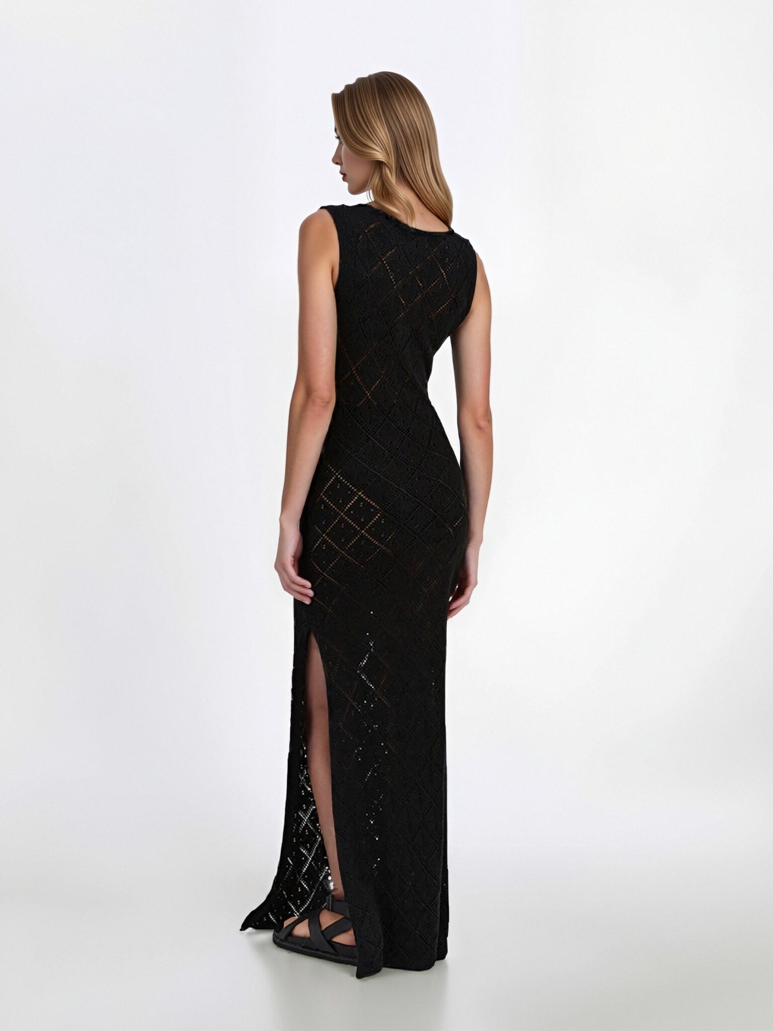 Women Sleeveless Hollow Diamond Knit Maxi Dress, Crew Neck Side Slit Bodycon Long Dress, Summer Beach Cover‑Up Crochet Tank Dress view 6