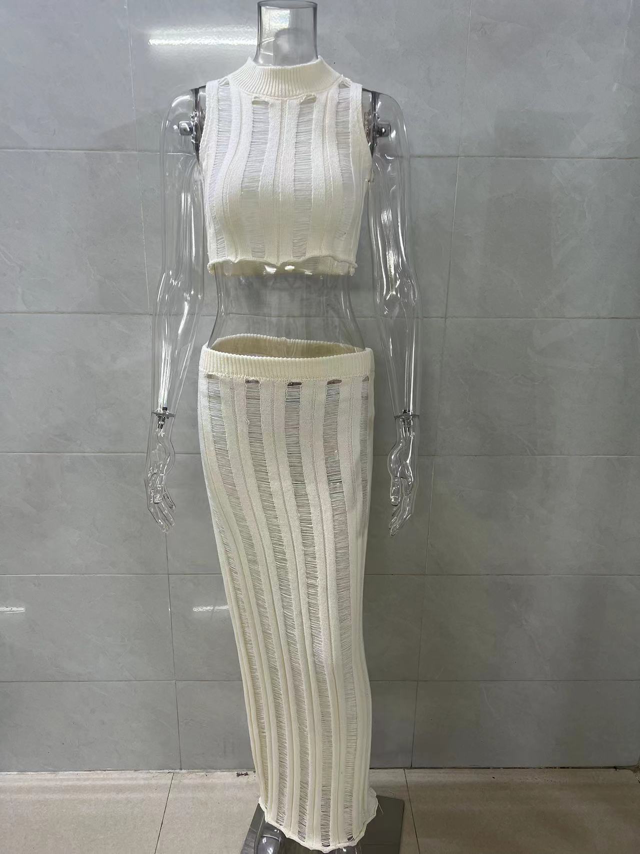 Women Hollow Knit Two‑Piece Outfit, Sleeveless Mock Neck Crop Tank Top + High Waist Slit Maxi Skirt Set, Sheer Mesh See‑Through Matching Suit view 5