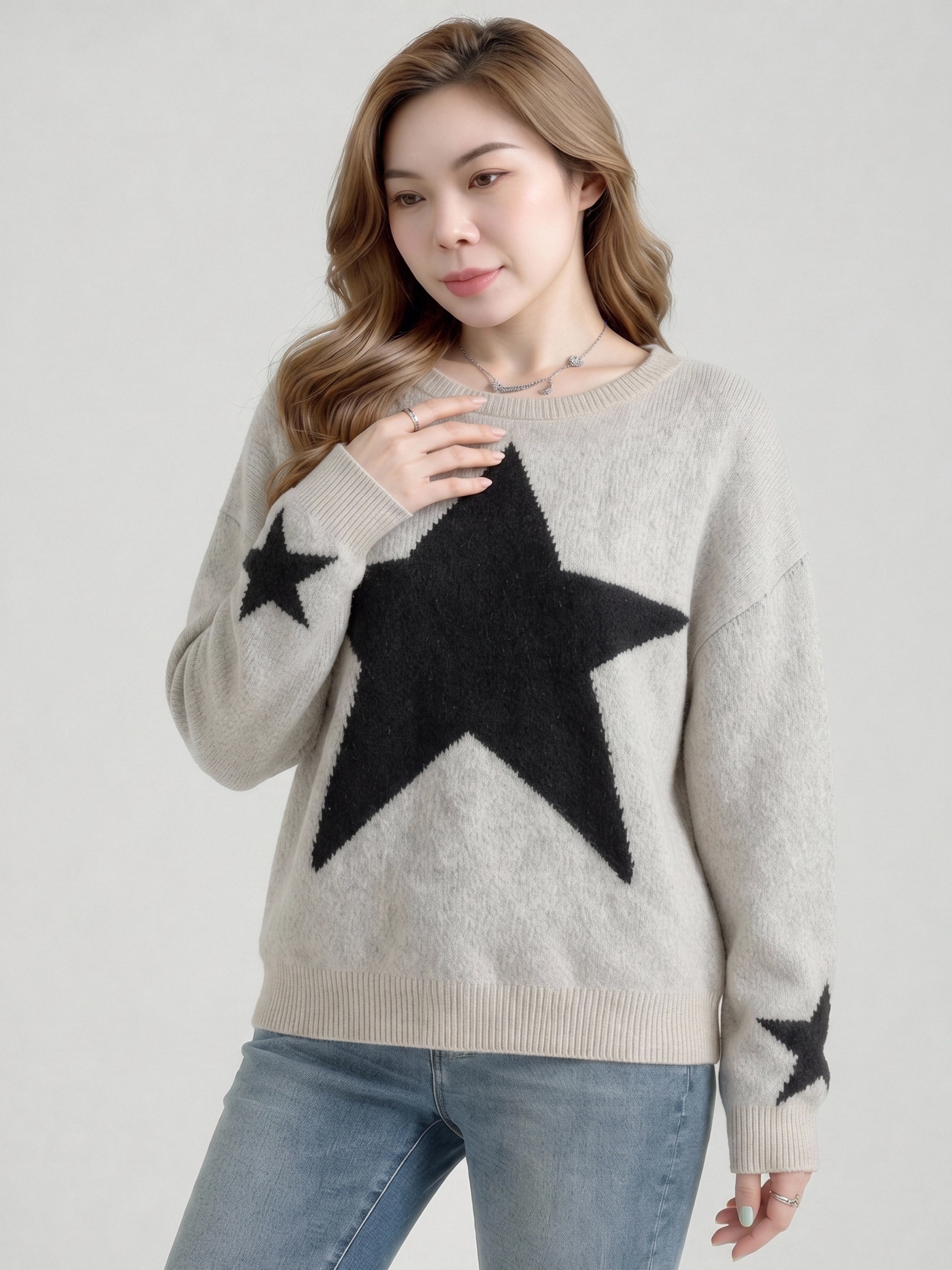 Women Star Pattern Knit Sweater,Oversized Drop Shoulder Crew Neck Pullover,Fall Winter Casual Jumper view 2