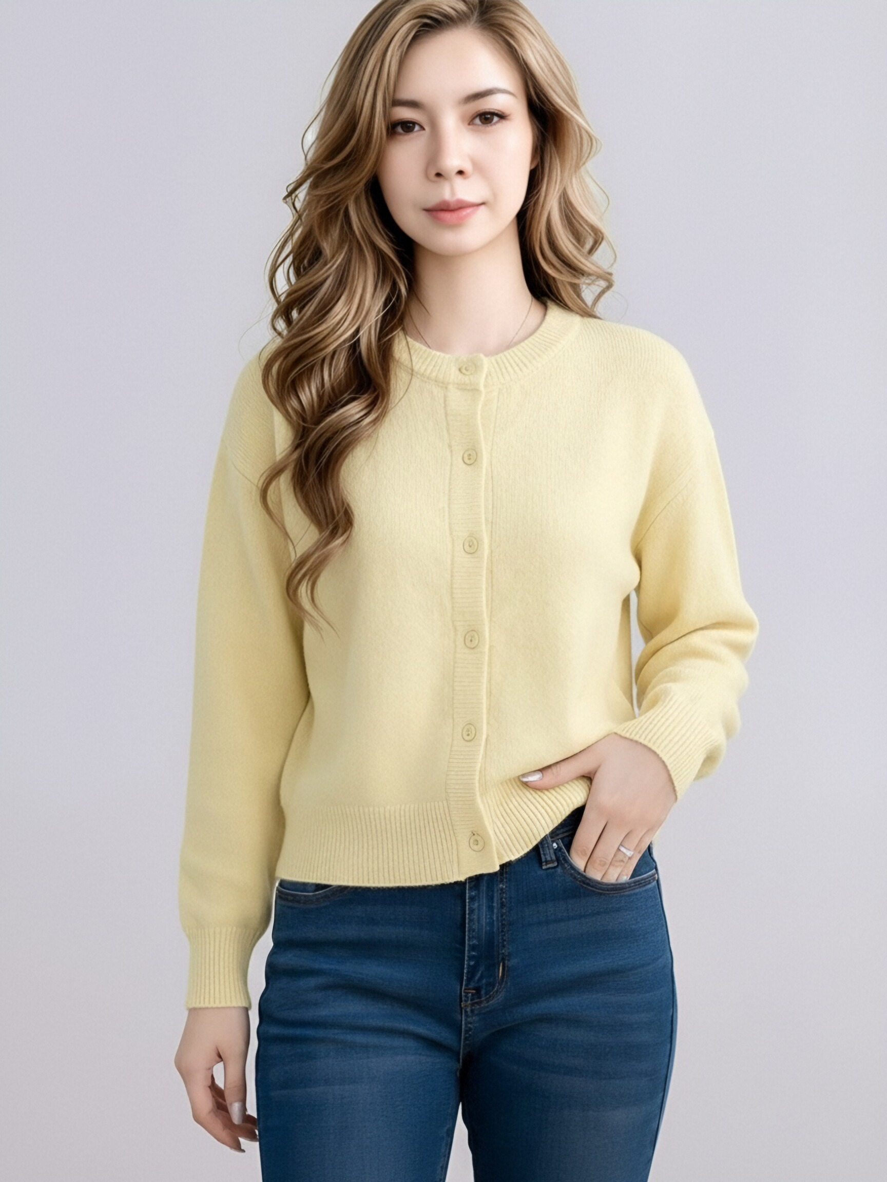 819 Women Crew Neck Button Knit Cardigan, Long Sleeve Solid Color Cropped Knit Sweater Coat, Casual Loose Soft Knit Outerwear For Spring Fall Multiple Colors view 10