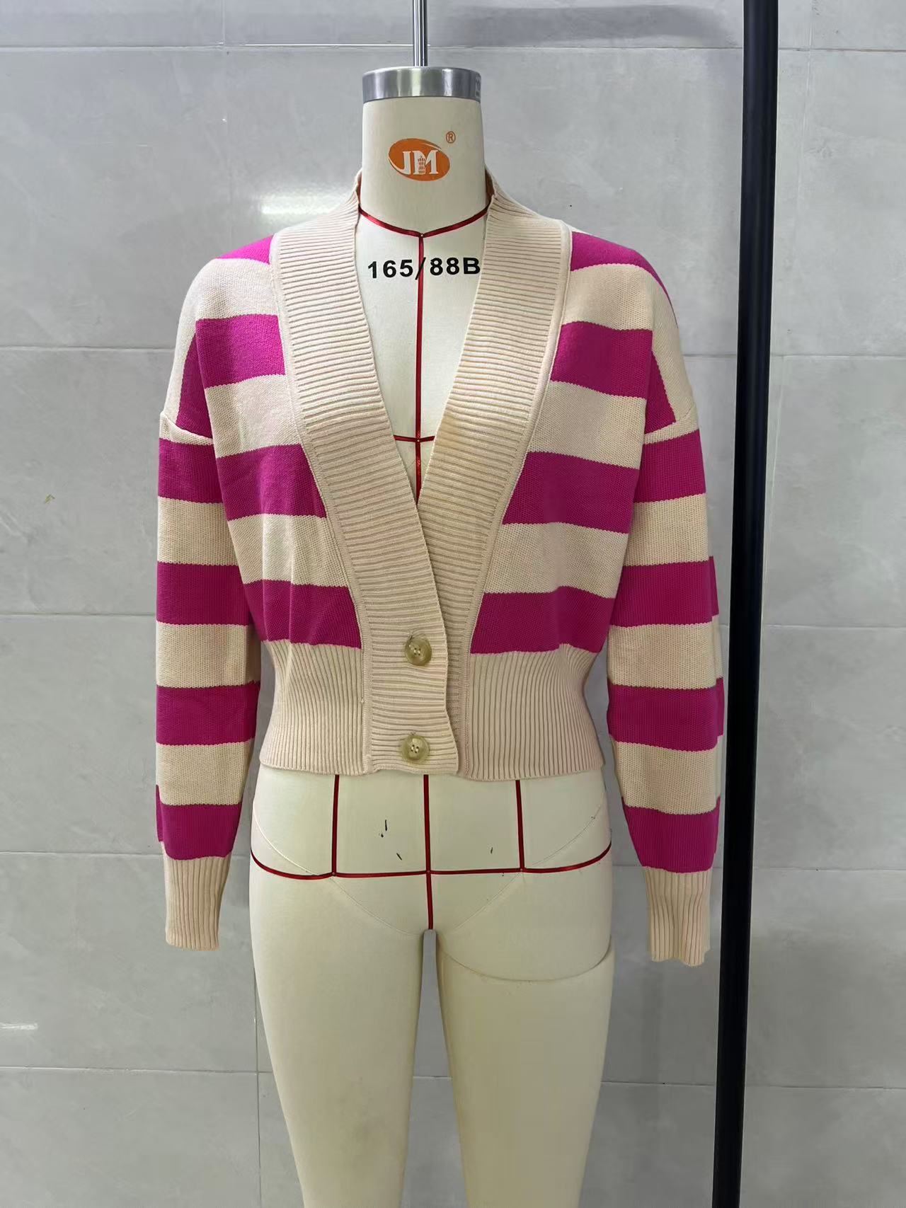 Women Striped V‑Neck Cropped Knit Cardigan, Long Sleeve Button‑Down Loose Drop Shoulder Short Sweater Coat, Casual Color Block Knit Jacket view 9