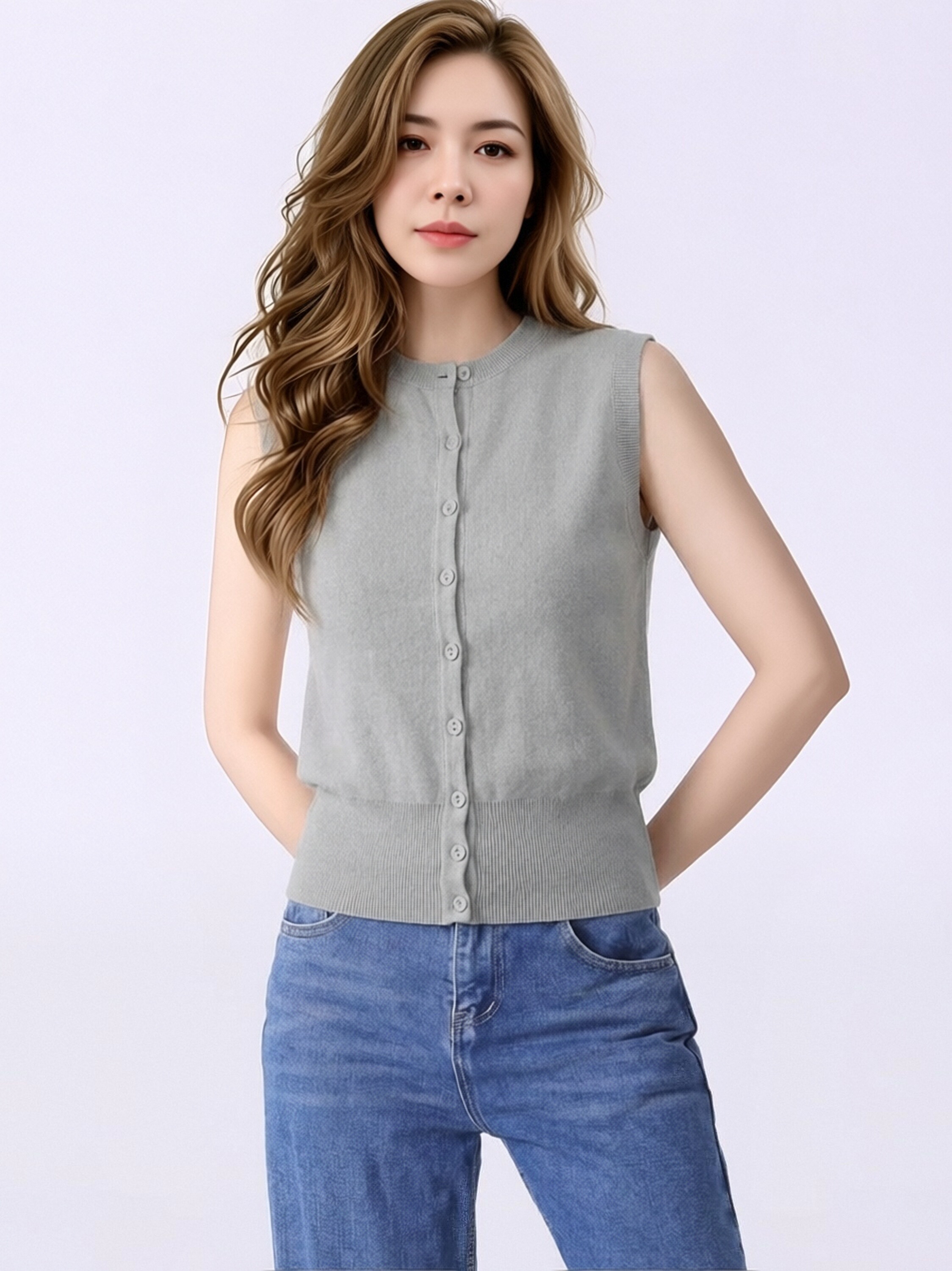 Women Solid White Crew Neck Knit Vest, Sleeveless Button Front Cropped Knit Cardigan, Slim Rib Hem Layering Knit Tank Top view 5