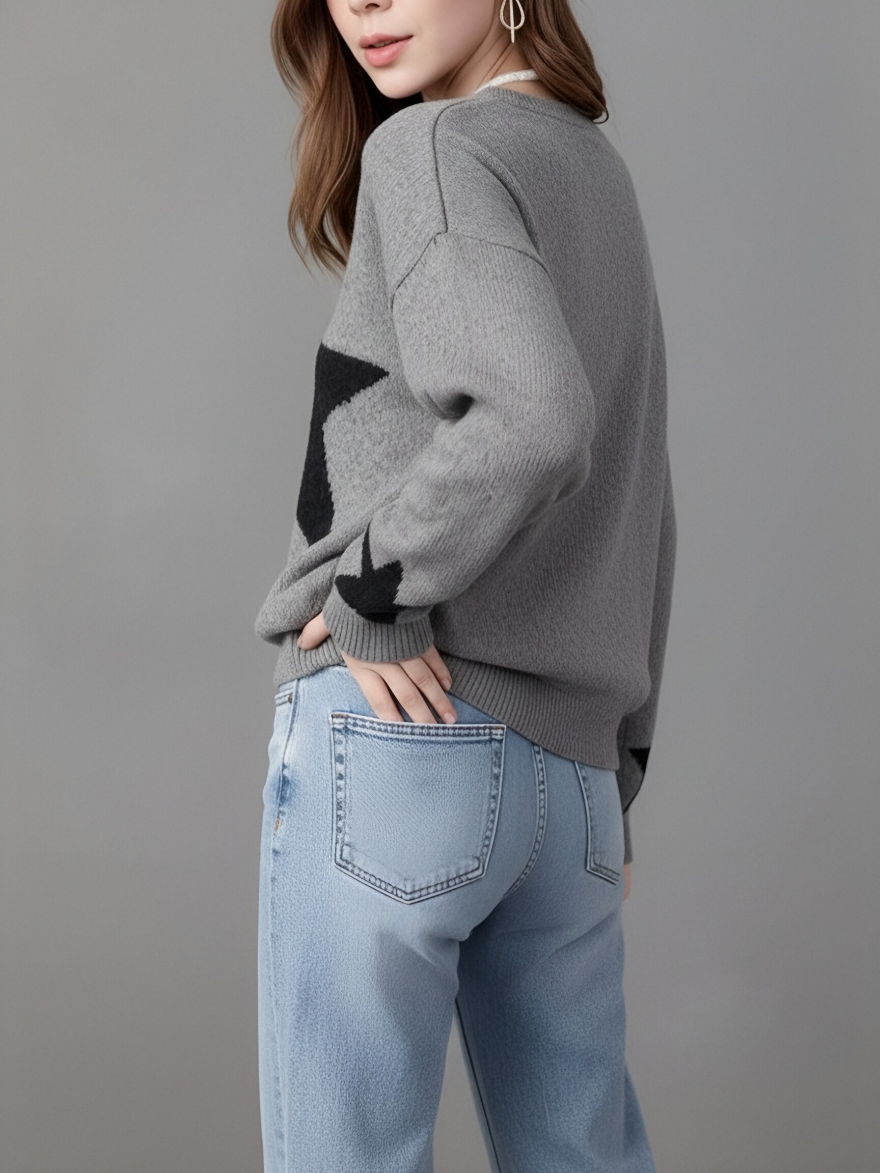 Women Star Pattern Knit Sweater,Oversized Drop Shoulder Crew Neck Pullover,Fall Winter Casual Jumper view 8