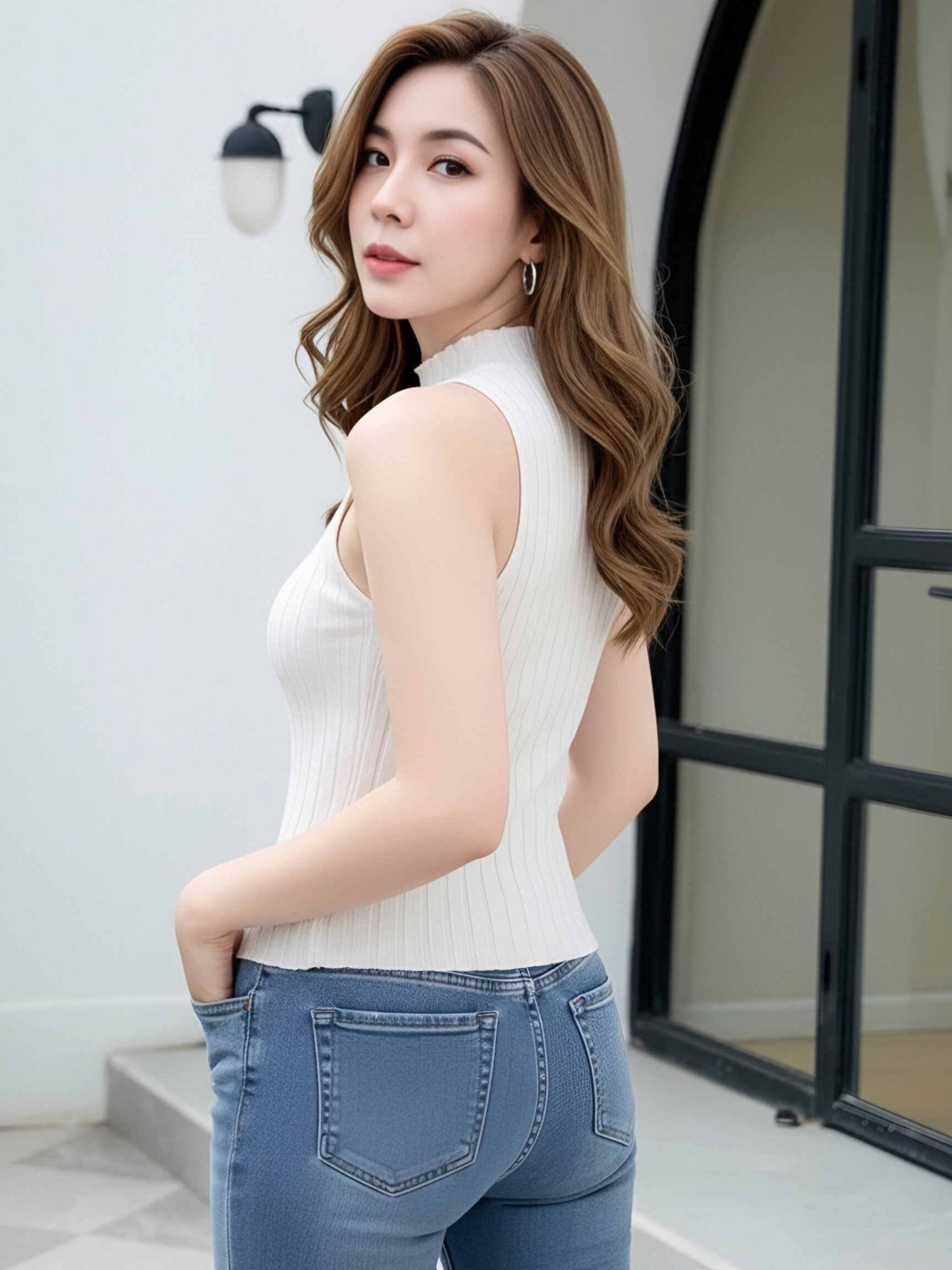 Women Wavy Trim Mock Neck Sleeveless Ribbed Knit Tank Top, Slim Fitted Solid Color Basic Layering Camisole, Spring Autumn All Match Inner Vest view 2