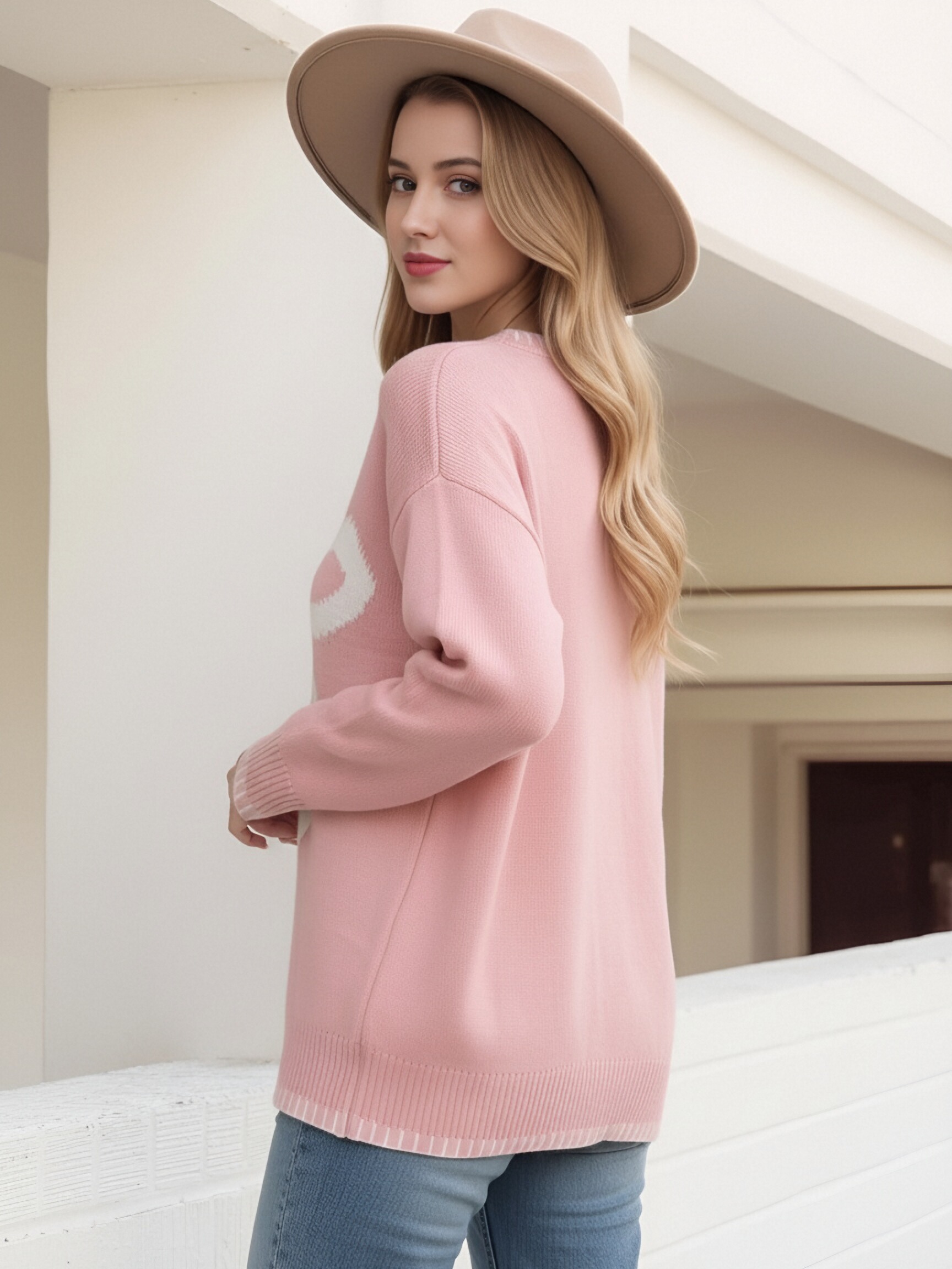 Women Oversized Crew Neck Knit Sweater Cute Big Bow Pattern Contrast Stitch Long Sleeve Loose Pullover Casual Daily Knit Top view 6