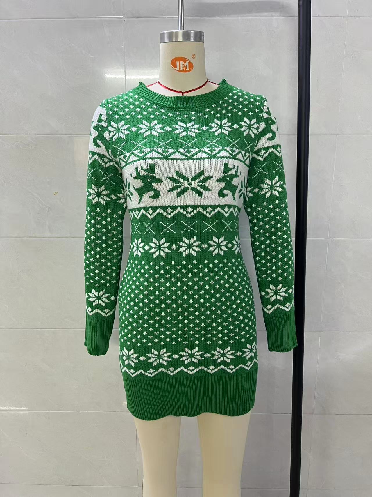 Women Christmas Reindeer Snowflake Knit Mini Dress, Crew Neck Long Sleeve Bodycon Sweater Dress, Fall Winter Holiday Party Short Knit Dress view 10