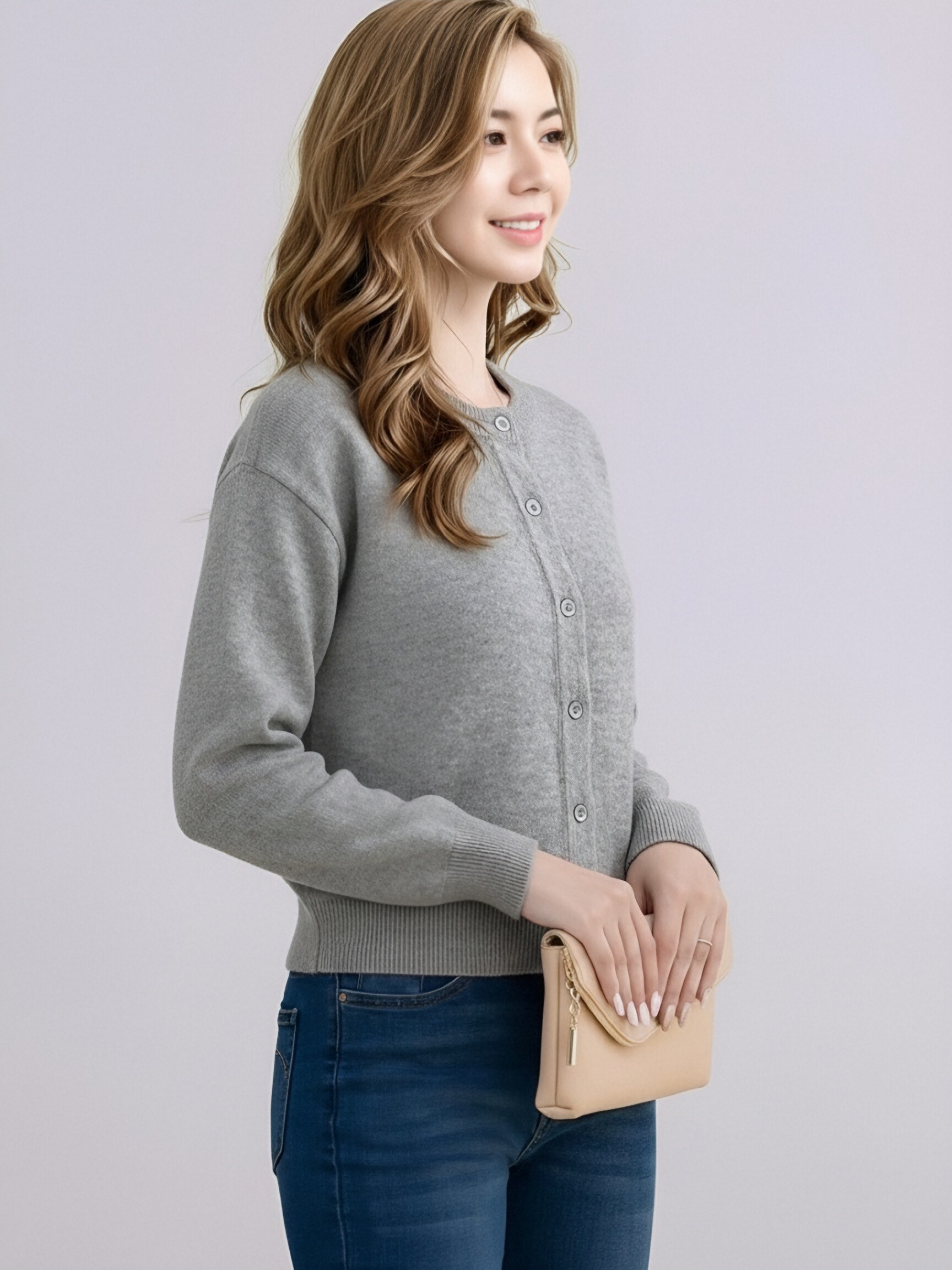 819 Women Crew Neck Button Knit Cardigan, Long Sleeve Solid Color Cropped Knit Sweater Coat, Casual Loose Soft Knit Outerwear For Spring Fall Multiple Colors view 6