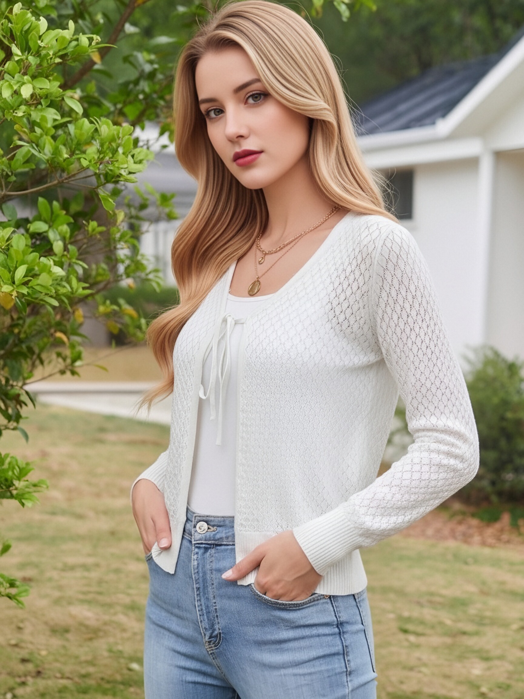 Women Hollow Mesh Knit Cardigan V Neck Tie Front Long Sleeve Lightweight Cropped Sweater Cover Up view 4