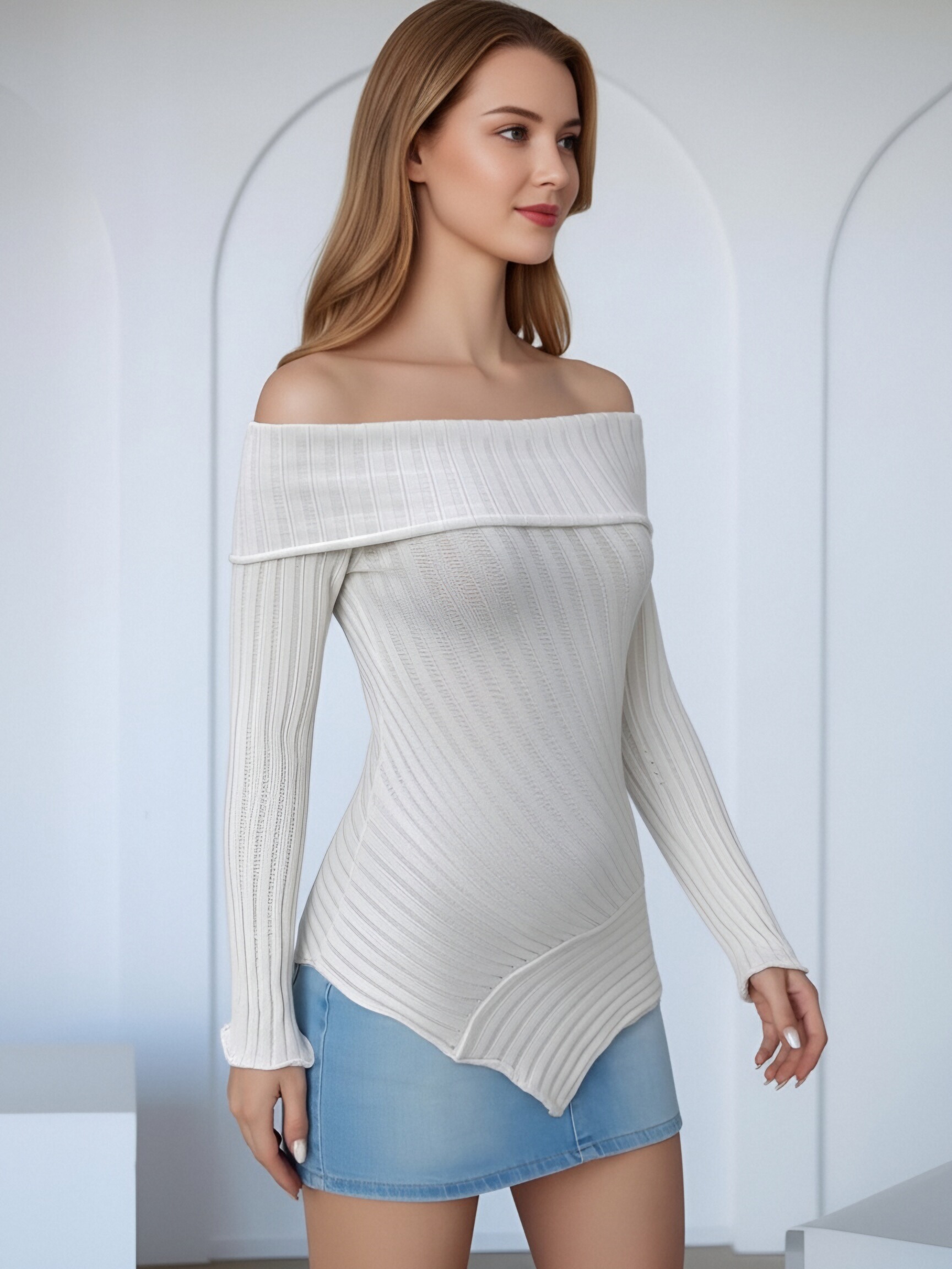 Women Off Shoulder Diagonal Ribbed Knit Top, Long Sleeve Sheer Slim Fit Asymmetric Irregular Hem Twist Knit Blouse, Elegant Slash Neck Bodycon White Knit Shirt view 3