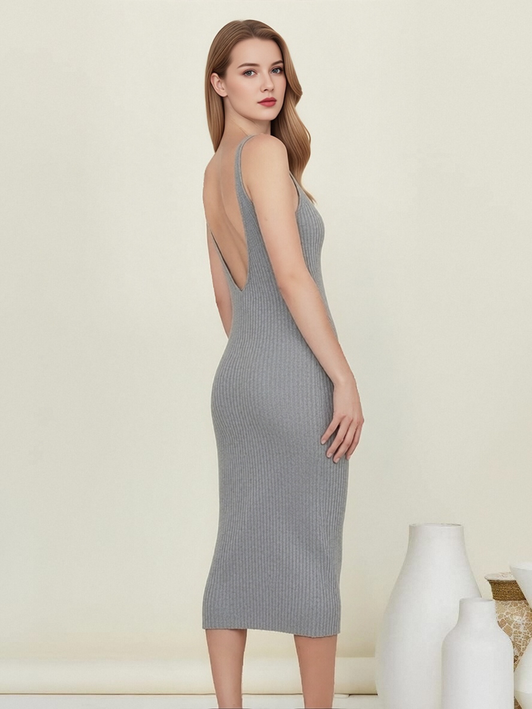 Women Deep Backless Ribbed Knit Midi Dress, Slim Spaghetti Strap Bodycon Sleeveless Mid-Calf Dress, Minimalist Gray V-Back Stretch Knit Cami Dress