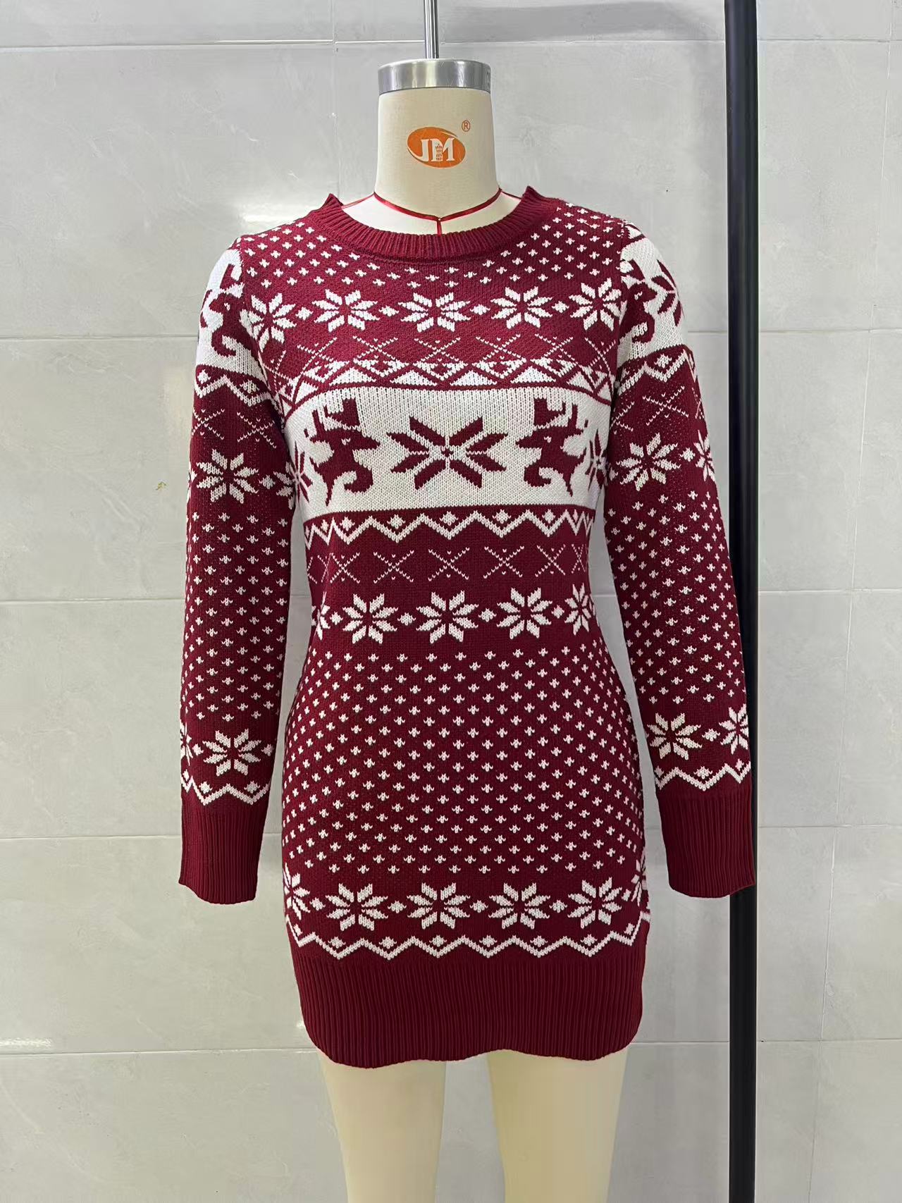 Women Christmas Reindeer Snowflake Knit Mini Dress, Crew Neck Long Sleeve Bodycon Sweater Dress, Fall Winter Holiday Party Short Knit Dress view 9