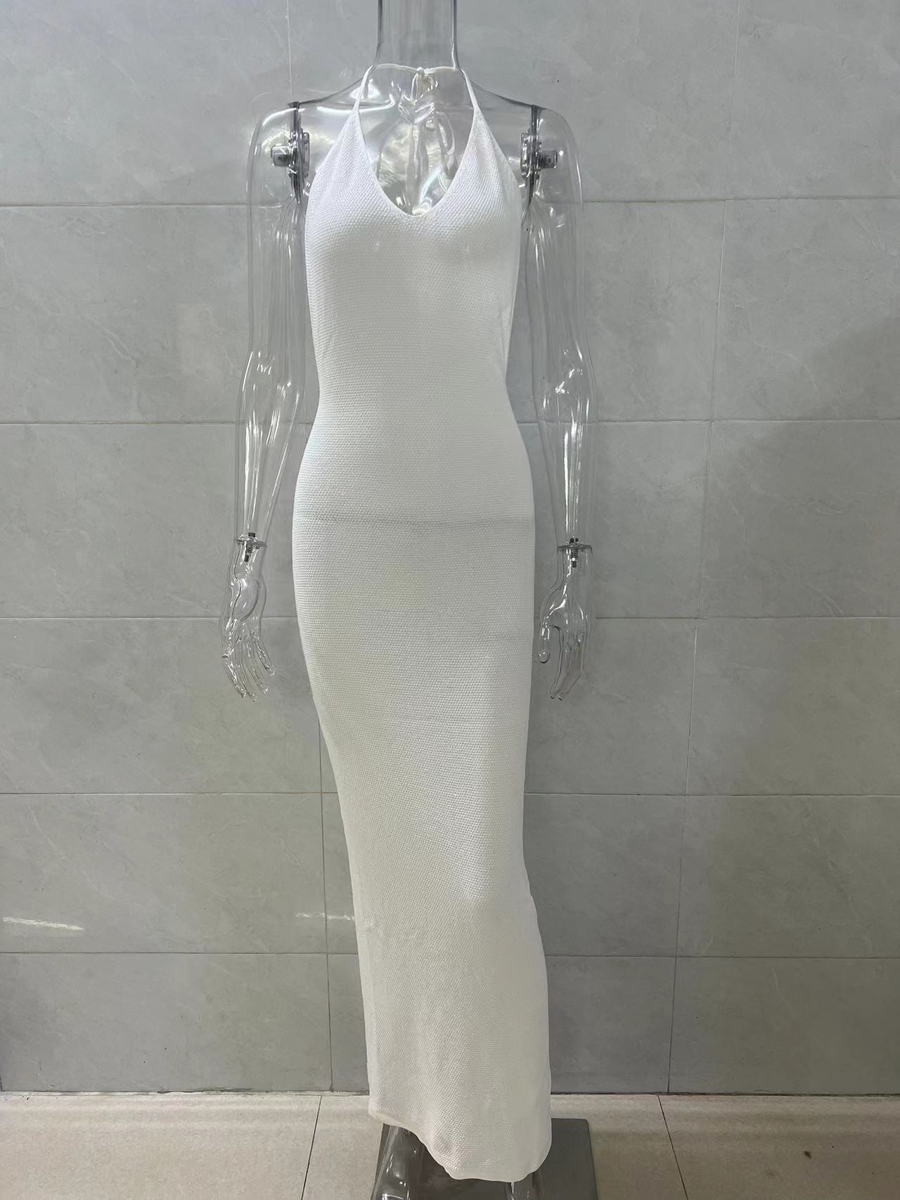 Women White Halter V‑Neck Maxi Dress, Backless Tie‑Up Bodycon Long Dress, Textured Knit Beach Vacation Party Evening Gown view 5