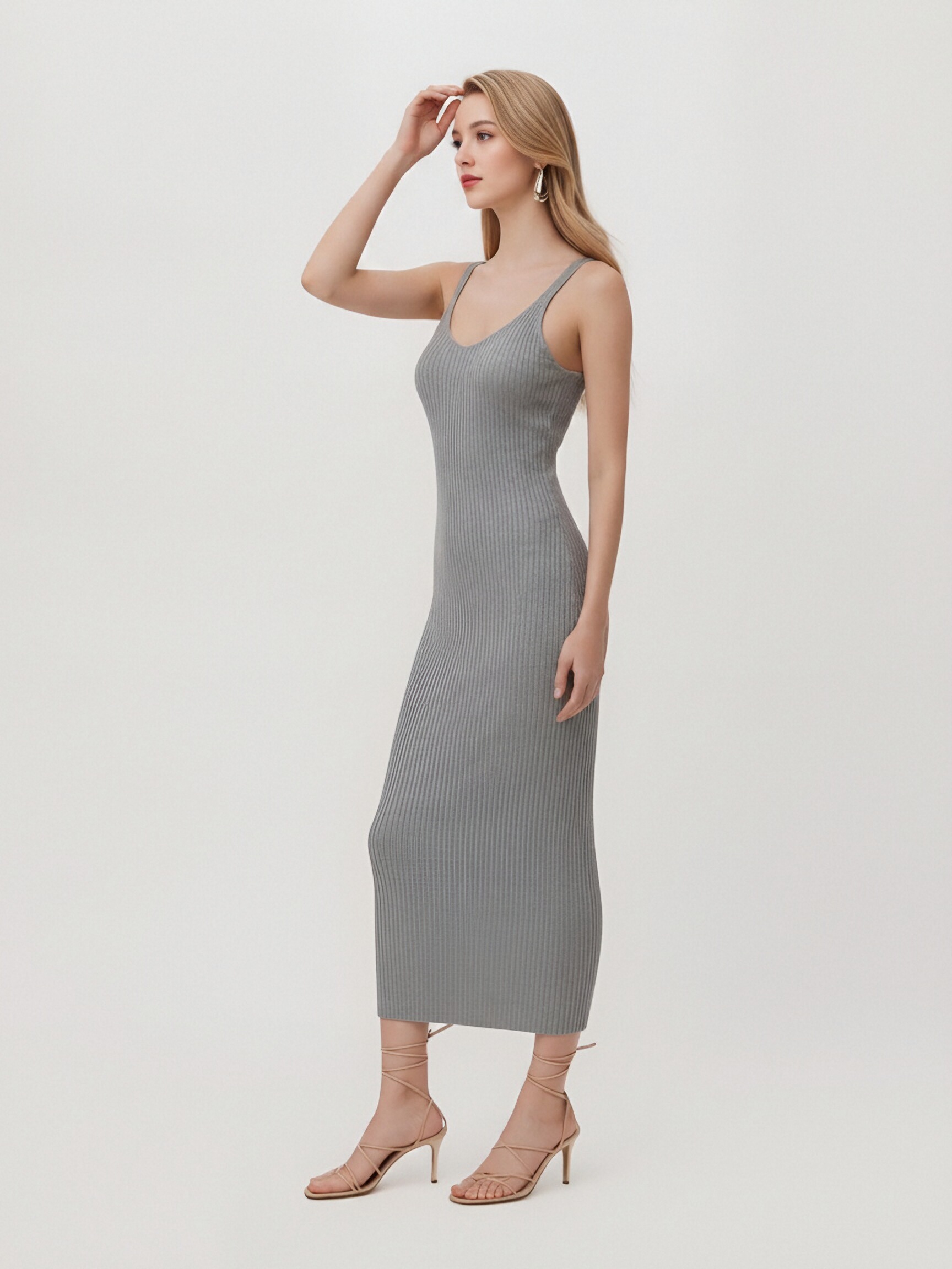 Women Deep Backless Ribbed Knit Midi Dress, Slim Spaghetti Strap Bodycon Sleeveless Mid-Calf Dress, Minimalist Gray V-Back Stretch Knit Cami Dress view 3