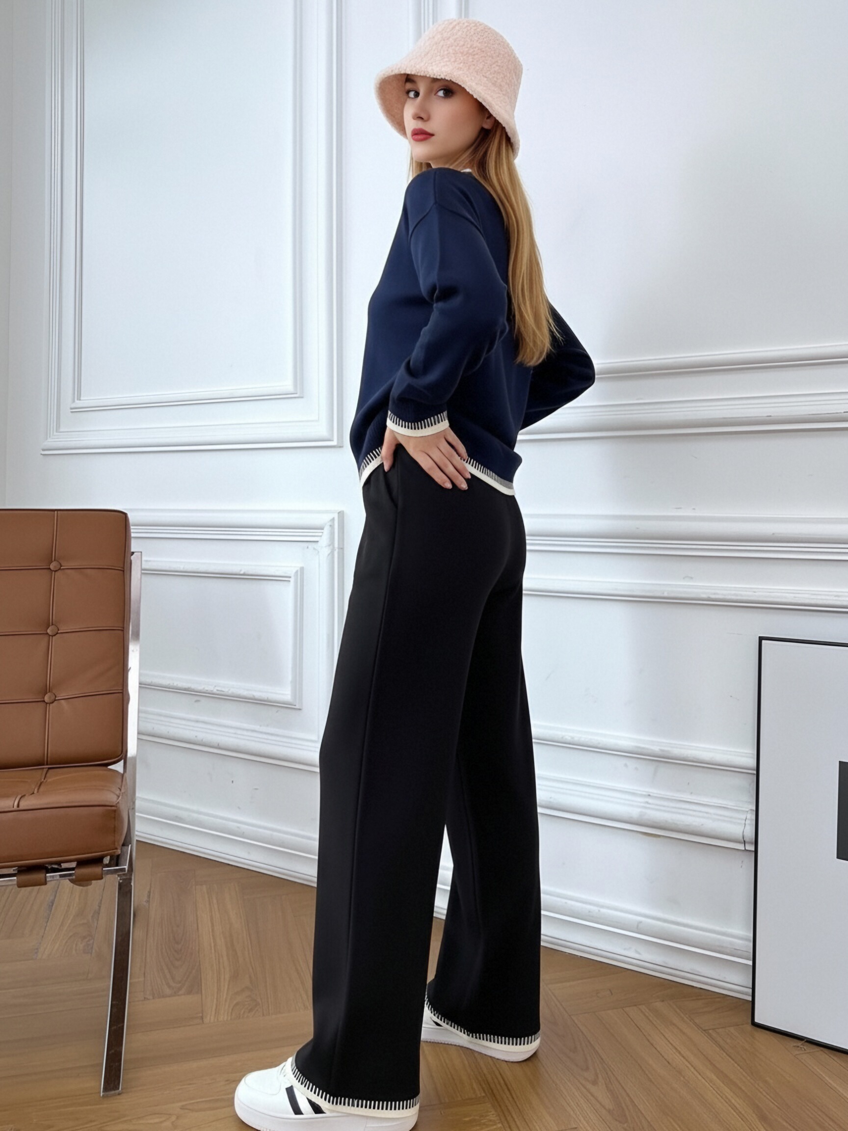 Women Contrast Stitch Knit Two Piece Outfit, Loose Crew Neck Long Sleeve Sweater & Wide Leg Pants Loungewear Set, Casual Soft Knitted Tracksuit view 3
