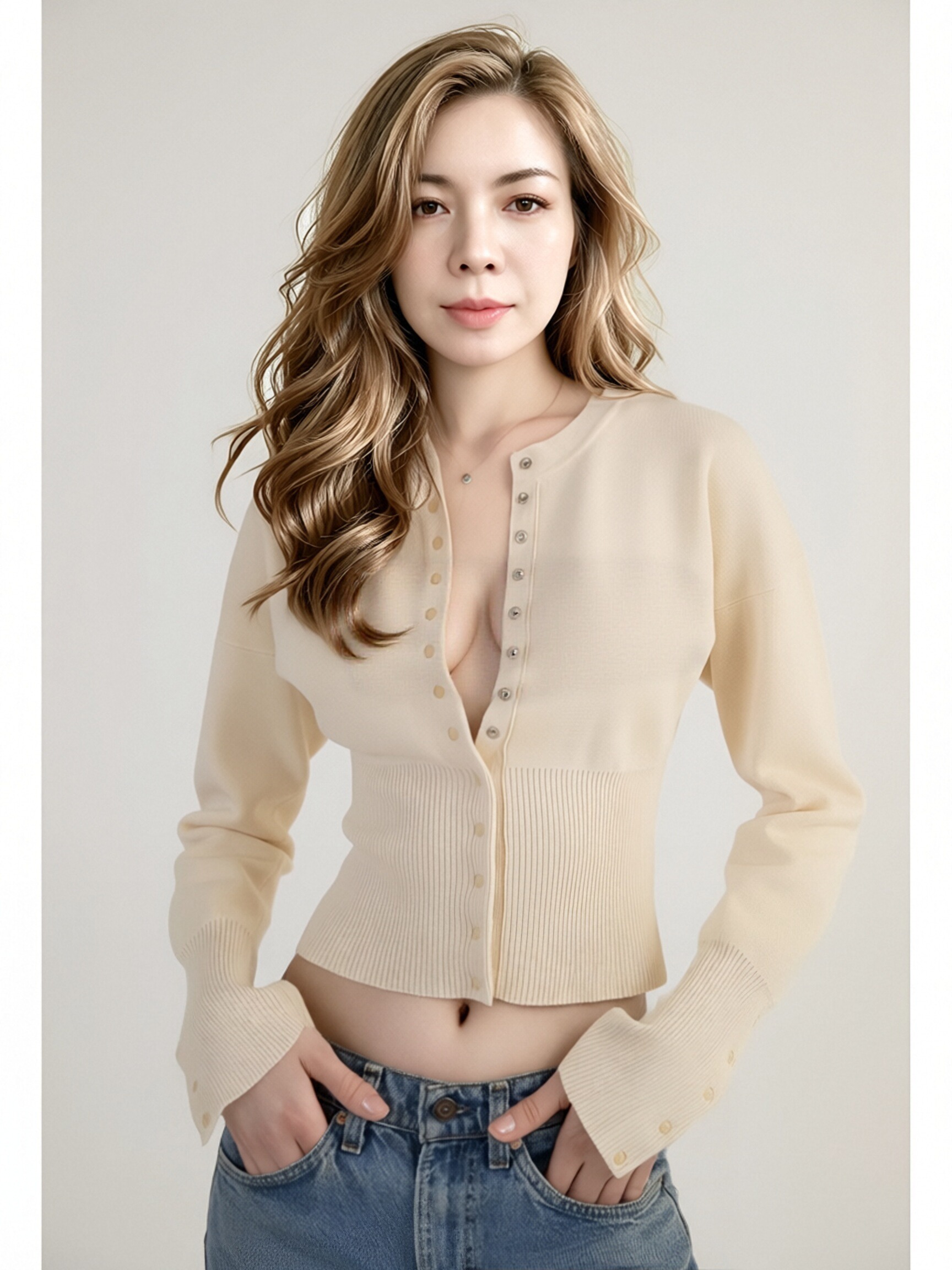 Women Cream Double Row Button Knit Cardigan, Round Neck Flare Long Sleeve Slim Waist Cropped Knit Top, Vintage Solid Color Fitted Knit Outerwear