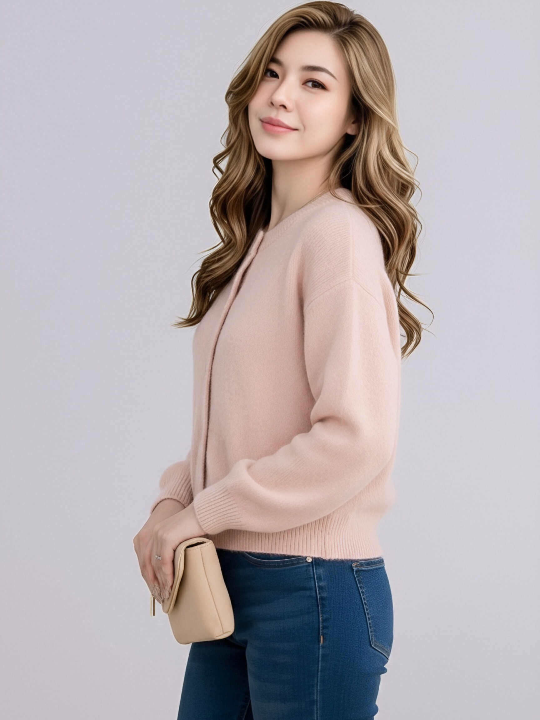 819 Women Crew Neck Button Knit Cardigan, Long Sleeve Solid Color Cropped Knit Sweater Coat, Casual Loose Soft Knit Outerwear For Spring Fall Multiple Colors view 2