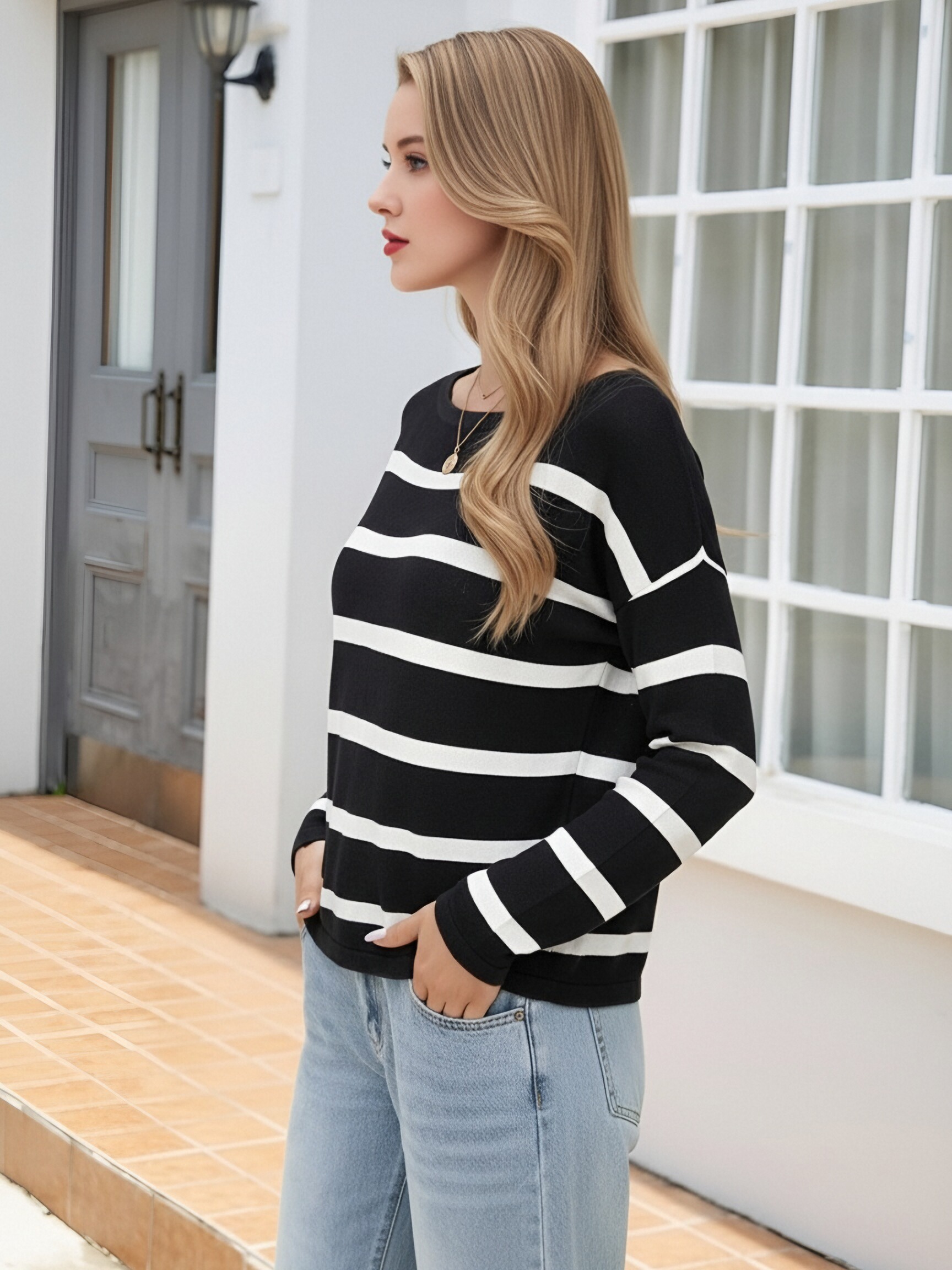 Women Boat Neck Black White Striped Knit Top, Loose Drop Shoulder Long Sleeve Casual Lightweight Sweater Pullover view 4