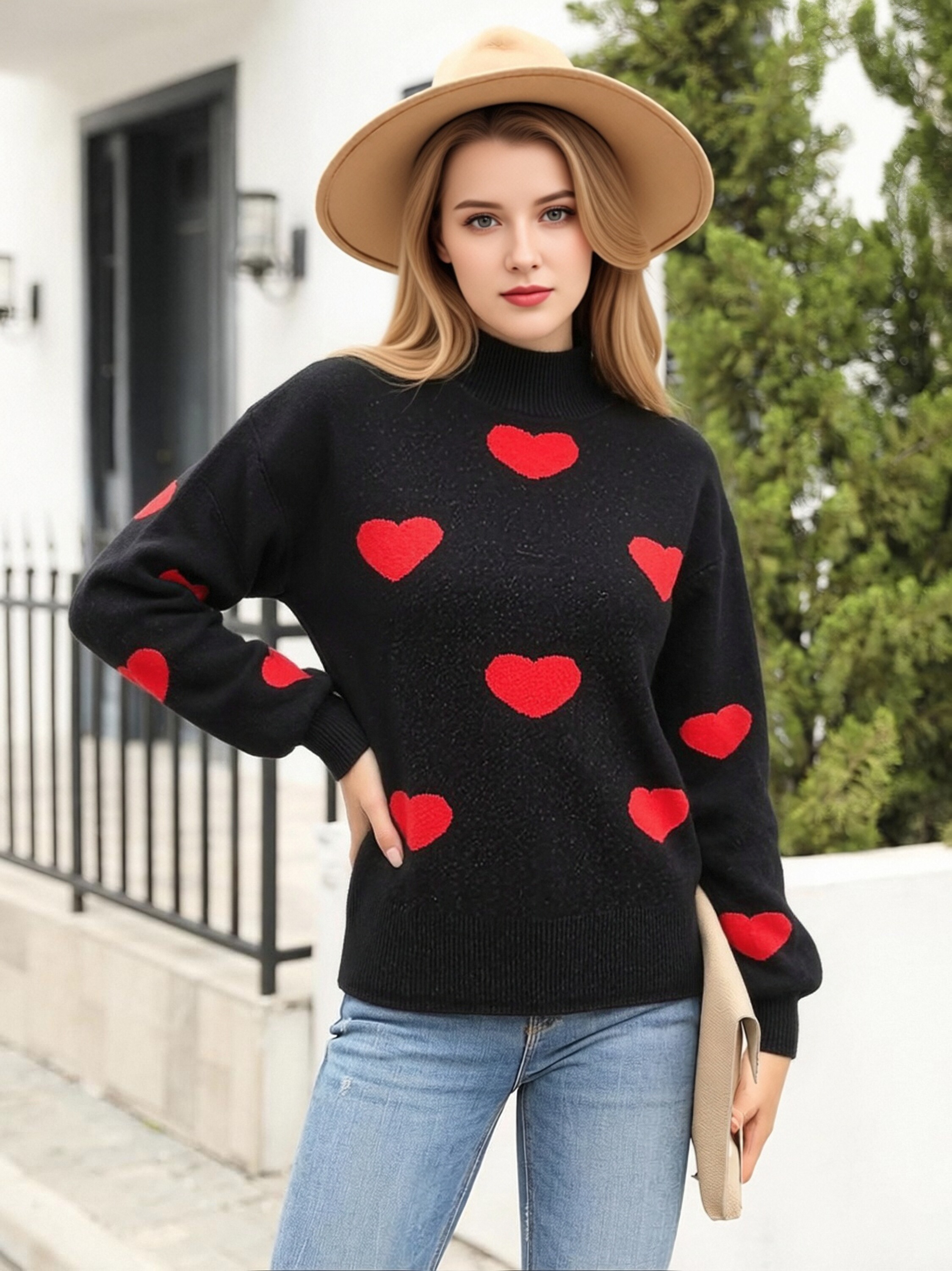 Women Turtleneck Black Knit Sweater, Cute Red Heart Pattern Loose Long Sleeve Pullover, Casual Soft Warm Valentine Daily Knit Top