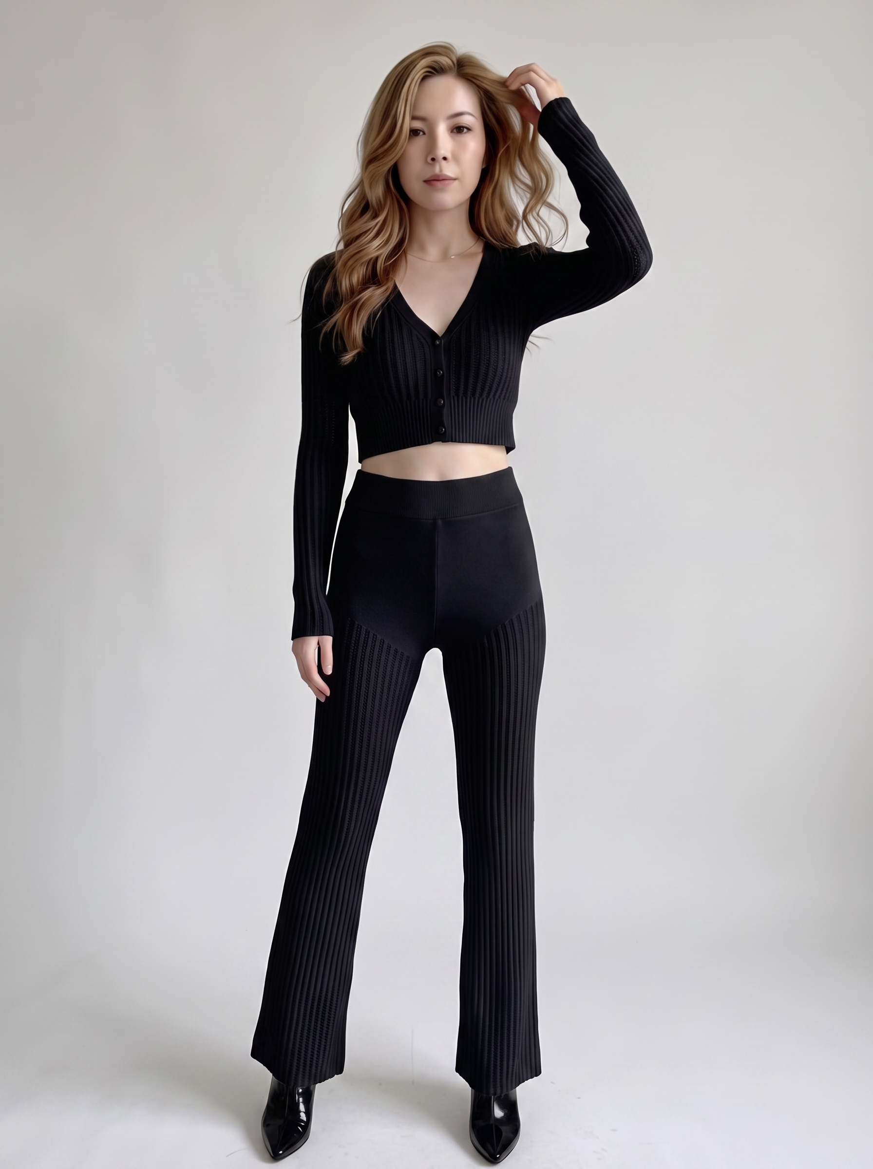 Women White Hollow Rib Knit 2 Piece Loungewear Set, V-Neck Button Long Sleeve Cropped Cardigan + High Waist Flared Knit Pants, Elegant Casual Matching Outfit view 8