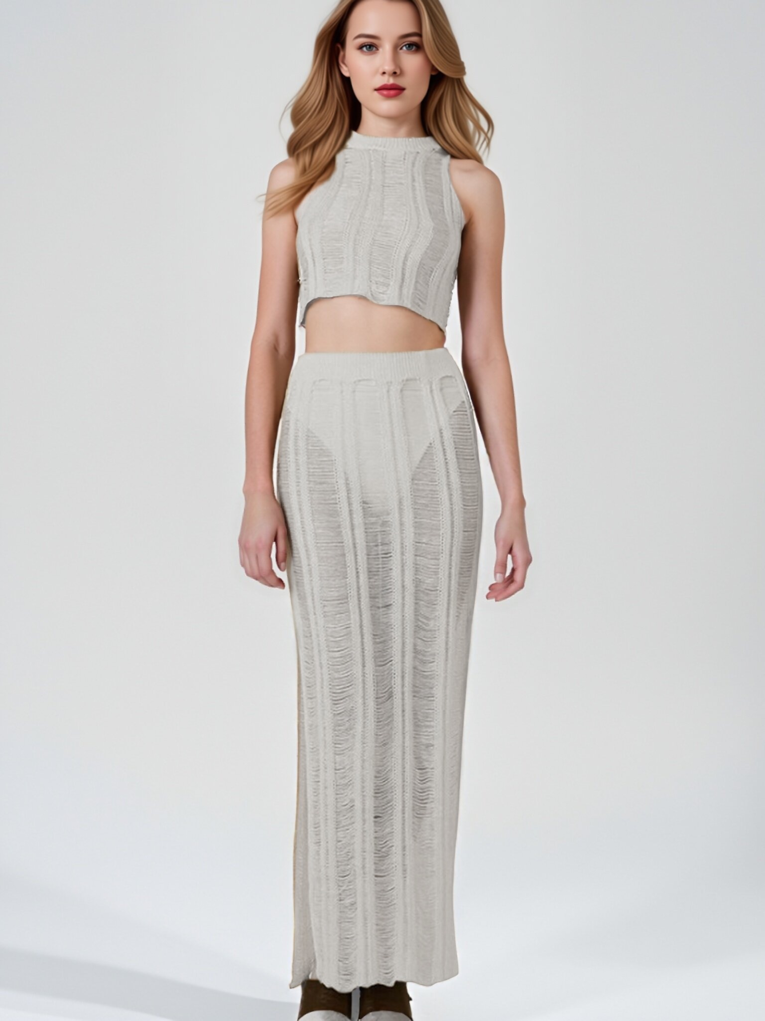 Women Hollow Knit Two‑Piece Outfit, Sleeveless Mock Neck Crop Tank Top + High Waist Slit Maxi Skirt Set, Sheer Mesh See‑Through Matching Suit view 4
