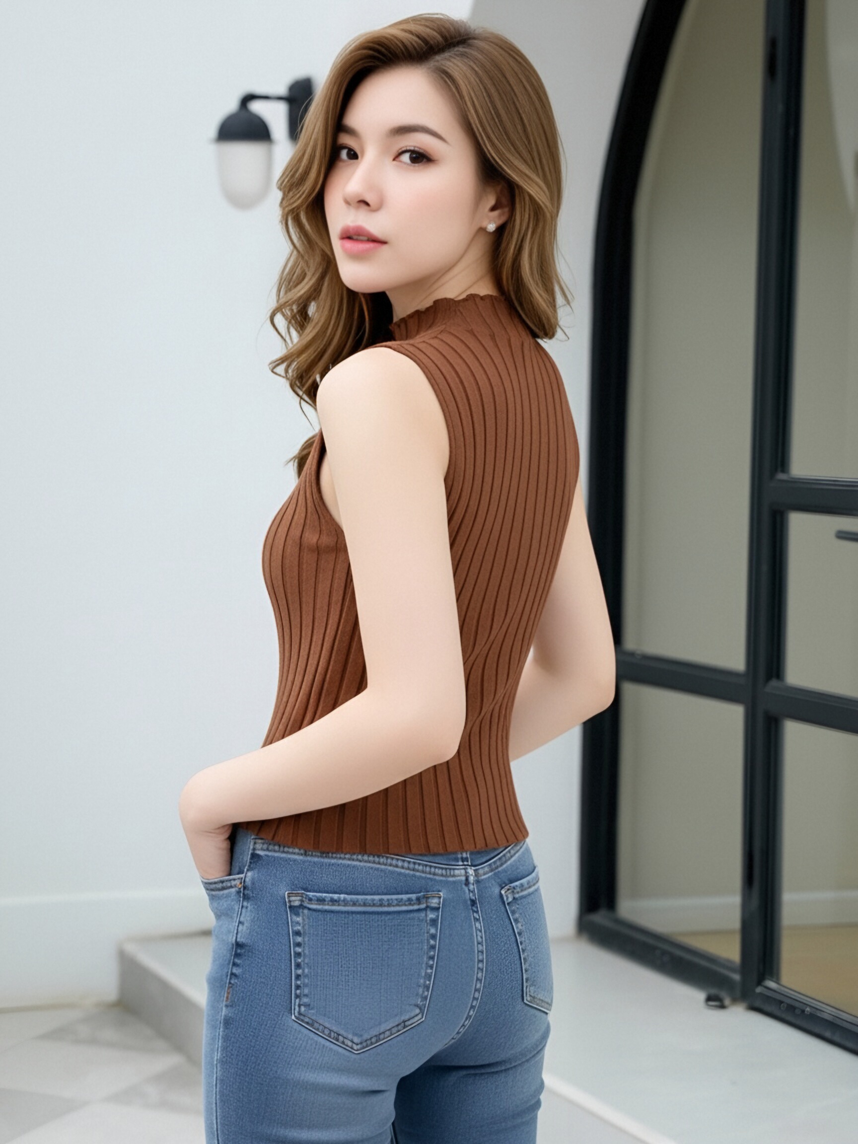 Women Wavy Trim Mock Neck Sleeveless Ribbed Knit Tank Top, Slim Fitted Solid Color Basic Layering Camisole, Spring Autumn All Match Inner Vest view 5